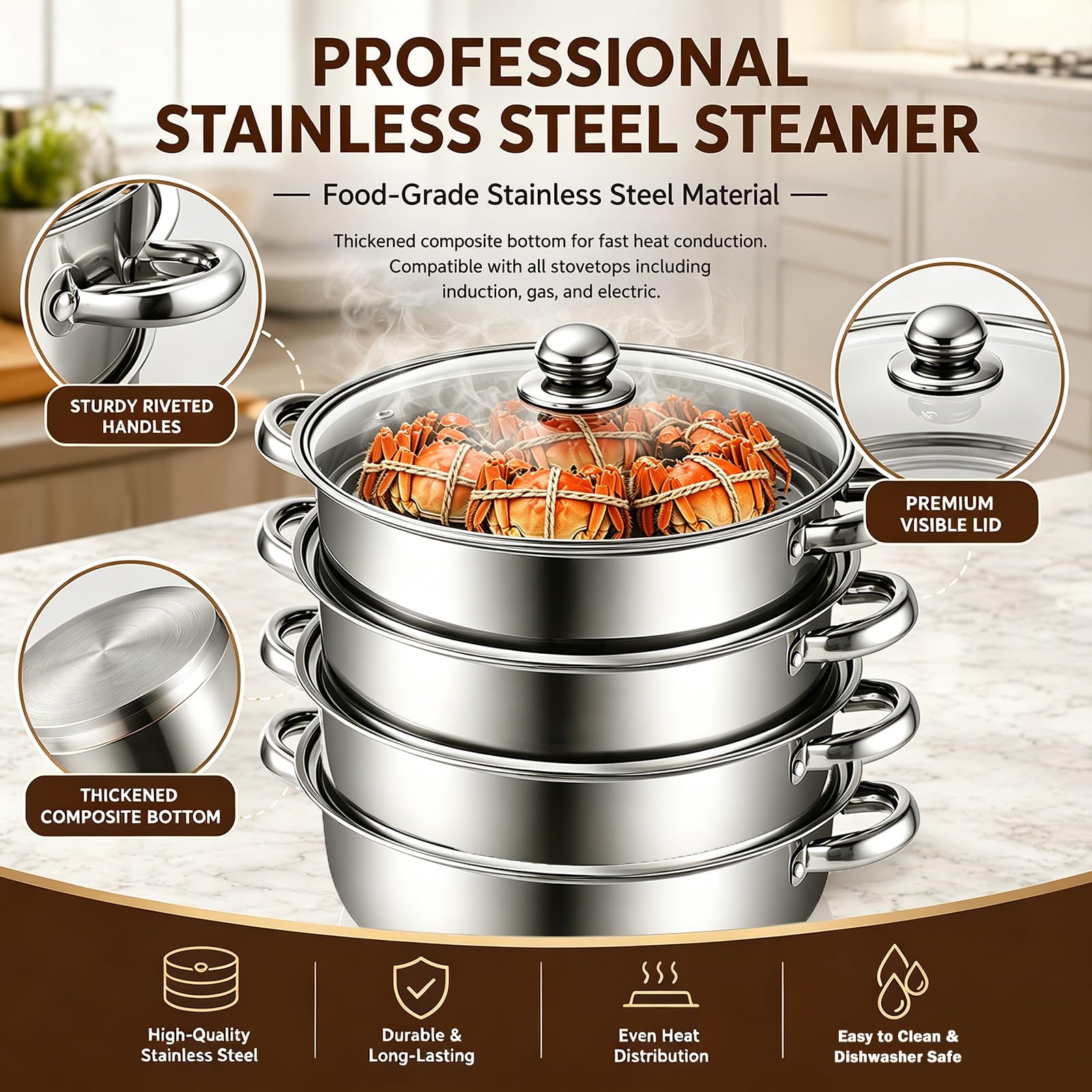 MeYuxg Pentola a vapore,28cm Vaporiera Acciaio Inox, con Inserto a Vapore e Coperchio in Vetro,pentole a 3/4 Vaporiera Pentola per cottura a vapore, zuppa, pasta, pesce (Quattro)