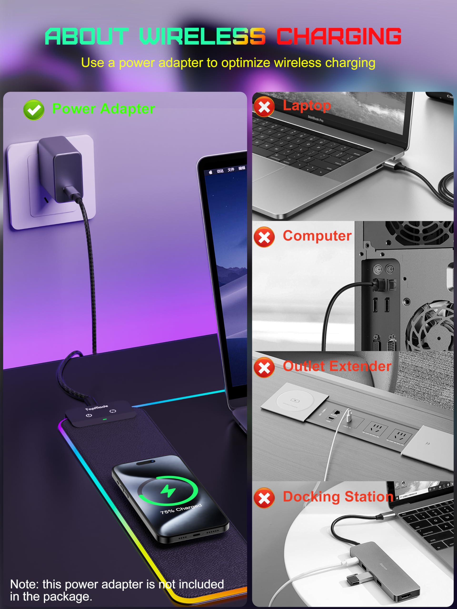 TopMade - Alfombrilla de mouse de carga inalámbrica, para juegos RGB, para oficina en casa, con 13 modos de luz, superficie ultra húmeda, base de goma antideslizante, alfombrilla de computadora para