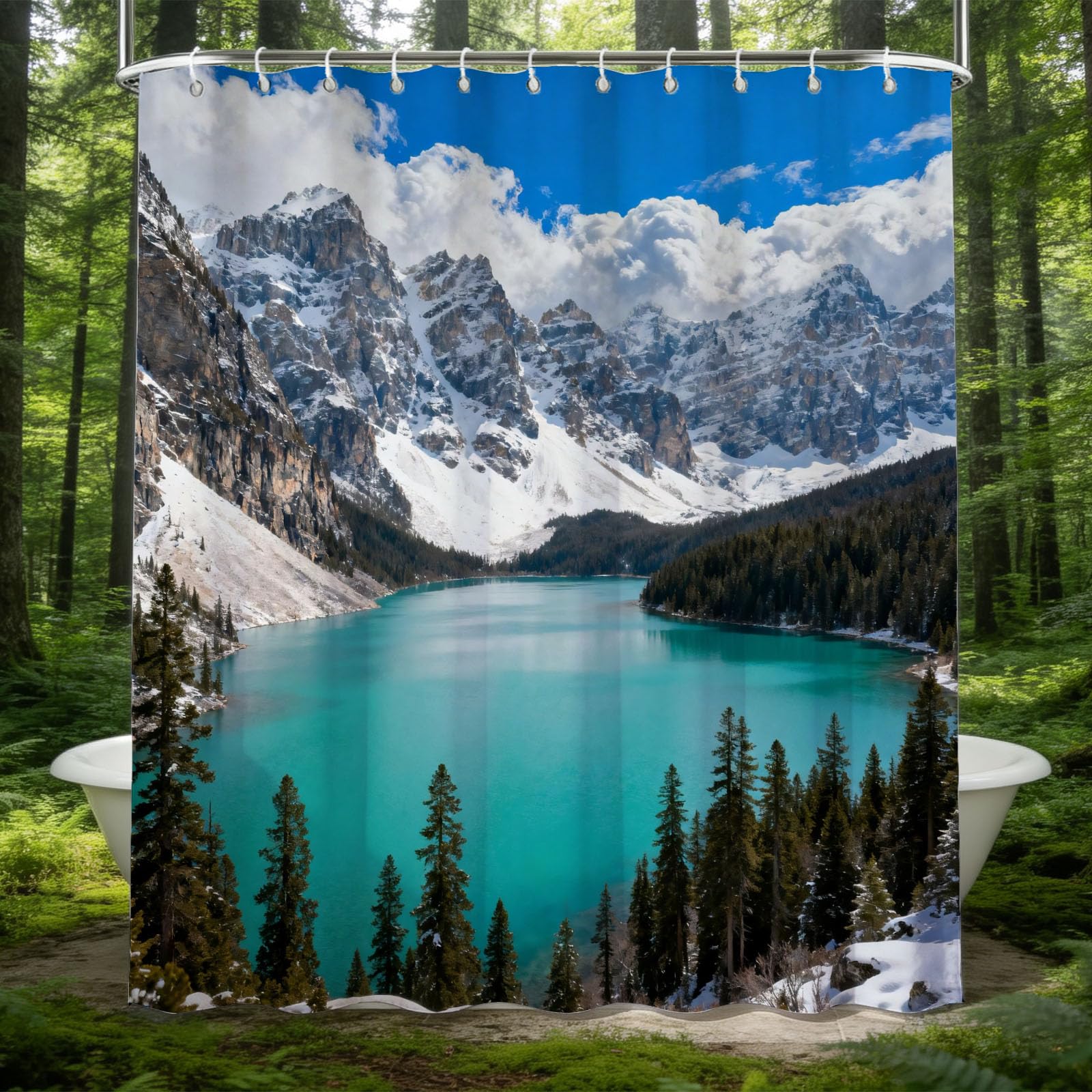 Hongduo 3D Snow Mountain Lake Shower Curtain for Stalls Bathtubs Turquoise Lake Water Bathroom Decor Shower Curtain Set Polyester Fabric Waterproof 120x180cm/48X71 Inch with Hooks