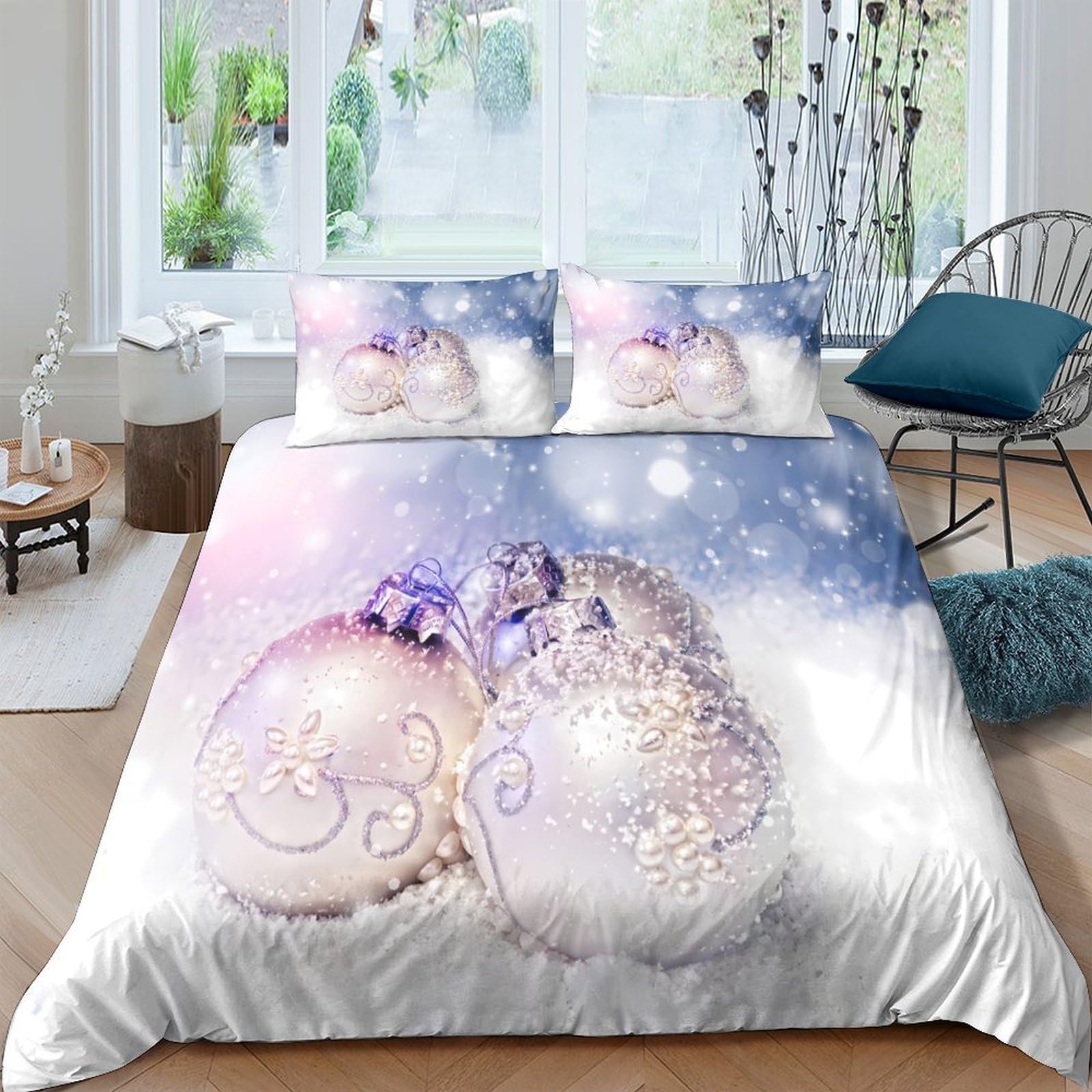 GPLZQXKJNH 3D Printed Christmas Ornament Duvet Cover Set Microfiber Soft Breathable Snowflake Bedding Set with 2 Pillowcases for Bedroom Decor Single（135x200cm）