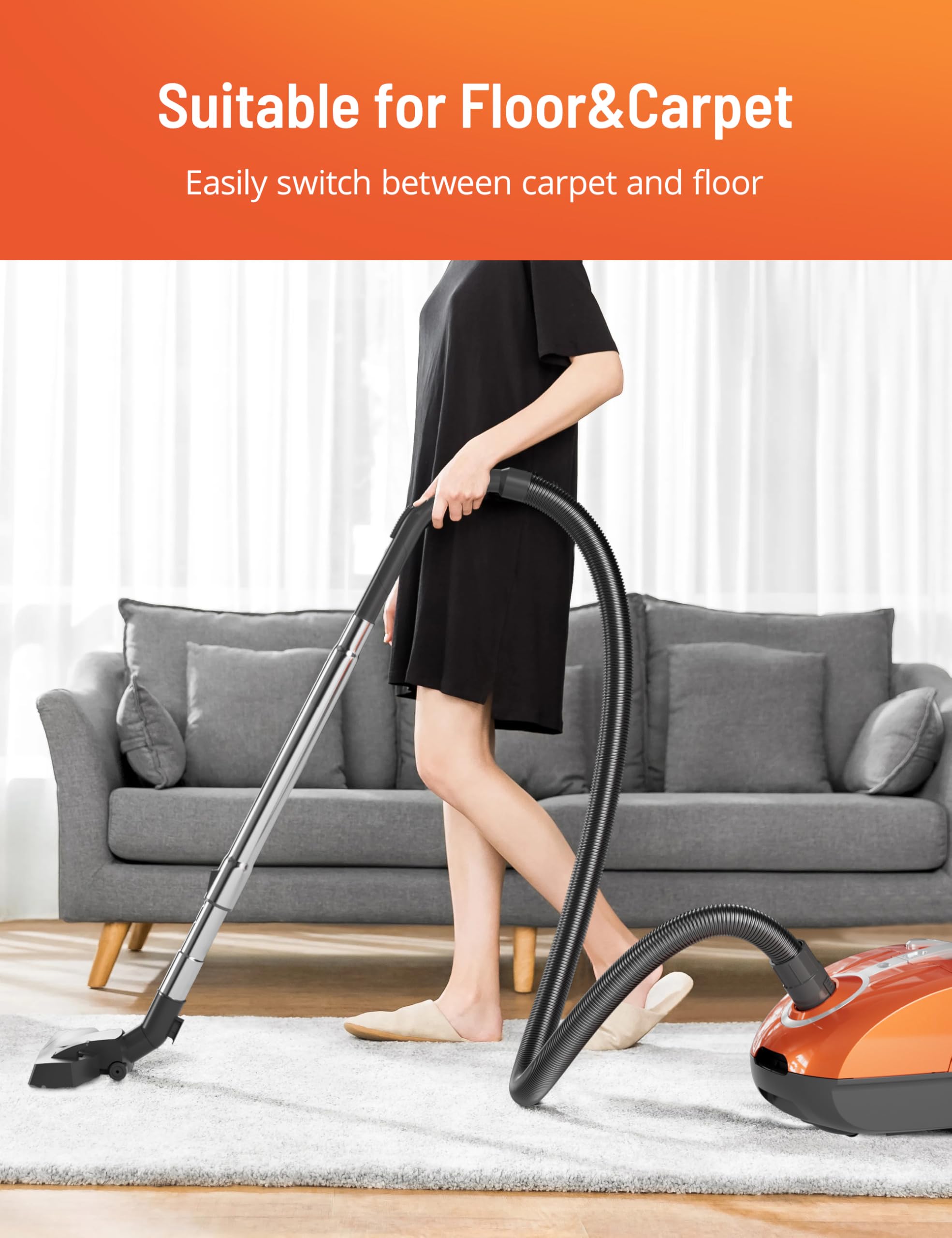 Bagged Canister Vacuum Cleaner, Canister Vacuum Cleaners for Home, Automatic Cord Rewind, Portable Corded Vacuum Cleaner with 3 Replacement Bags for Hard Floors, Pet Hair, Carpet and Upholstery - 4