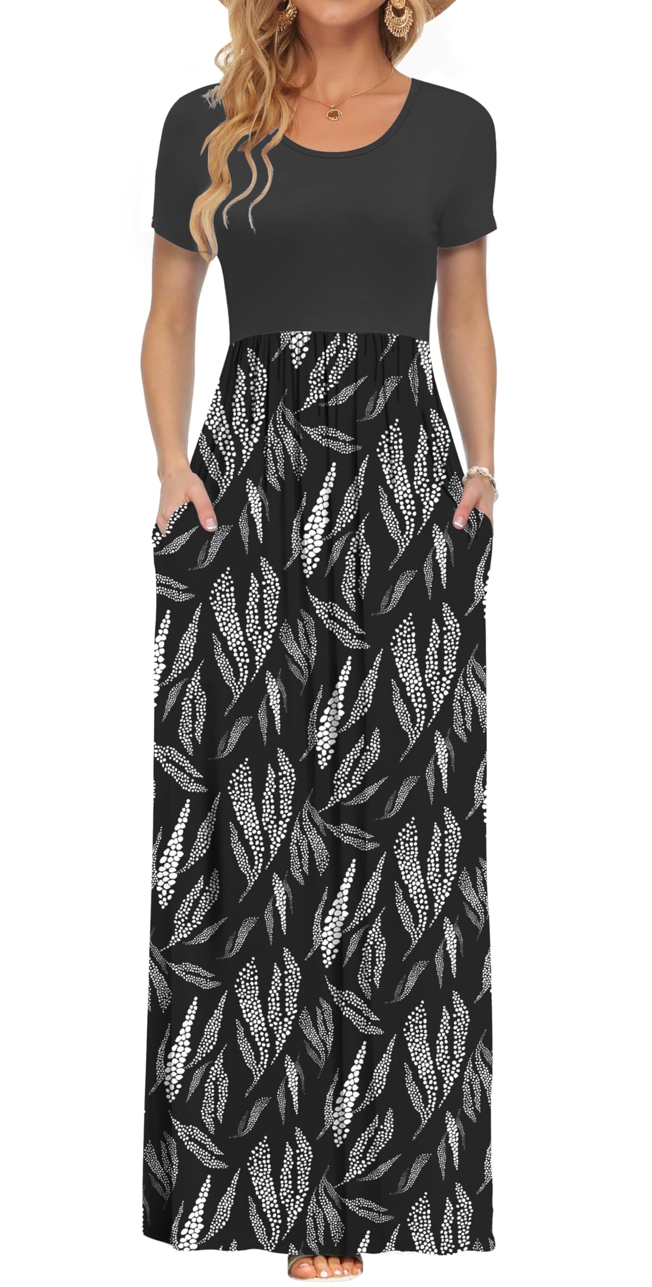 AUSELILY Women's Summer Short Sleeve Loose Plain Casual Long Maxi Dresses | Year Round wear solid floral print, Casual wear, Empire waist, Floor length, Side pockets