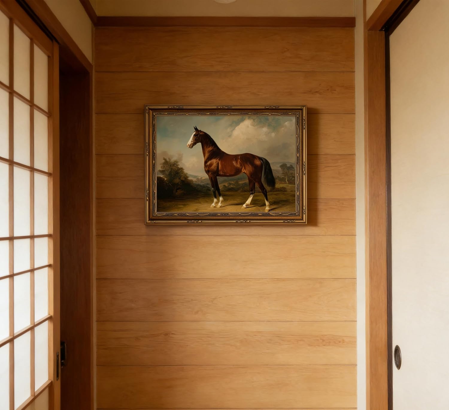 Vintage Gold Framed Horse Canvas Wall Art Farmhouse Animals Painting Picture Wall Decor Antique Picture Country Poster Print Artwork for Bedroom Bathroom Living Room Home Decoration