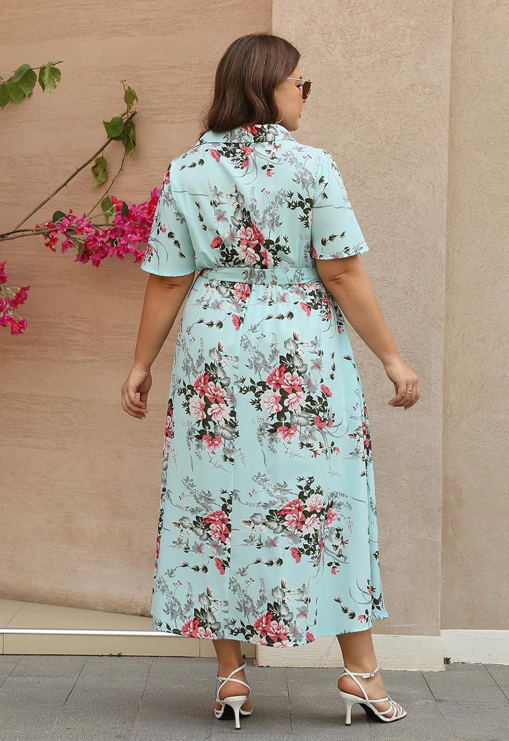 Keluummi Plus Size Wedding Guest Maxi Dresses for Curvy Women, Summer Casual Floral 3/4 Sleeve Party Wrap Dress with Pockets - Image 4