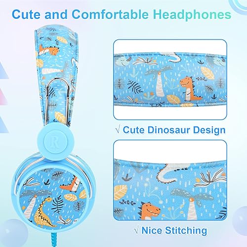 Miniatura 3 de QearFun Auriculares de dinosaurio para niños y niños para la escuela, auriculares con cable para niños con micrófono y conector de 0.138 in,