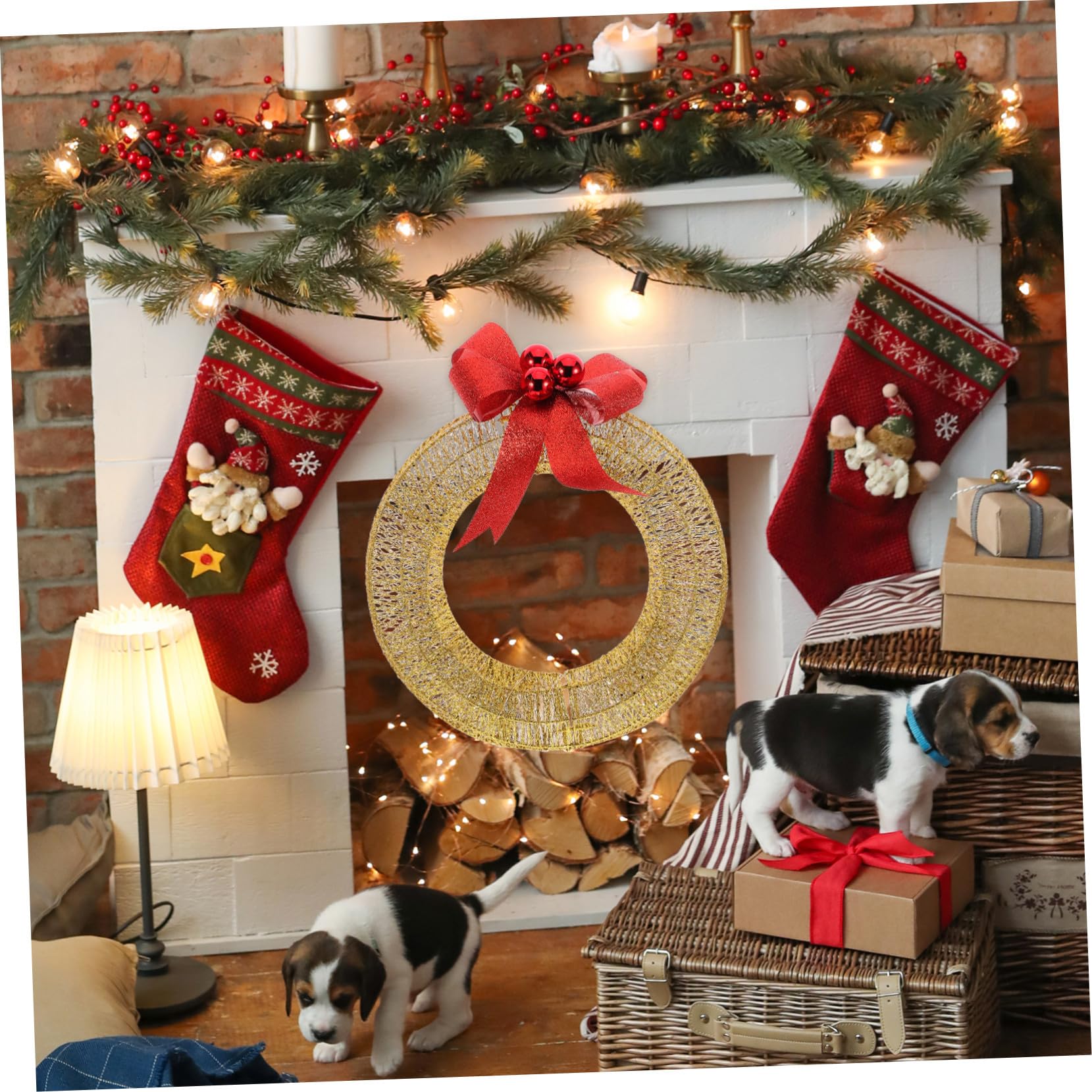 Guirnalda Navidad LED con Lazo Dorado Decorativa para Puerta Exterior Interior Adorno Invierno para Fiesta y Escenario