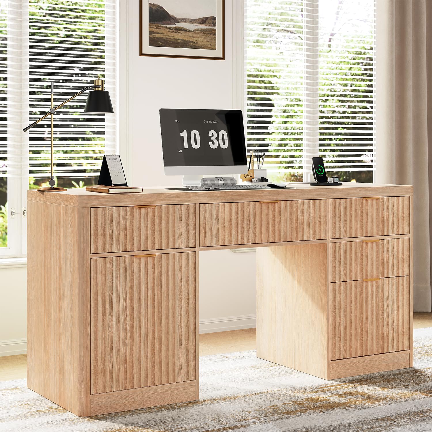 View 1 of ****PARTIAL SET , MISSING BOX 2/2 **** knoworld Fluted Executive Desk, 58" Natural Wood