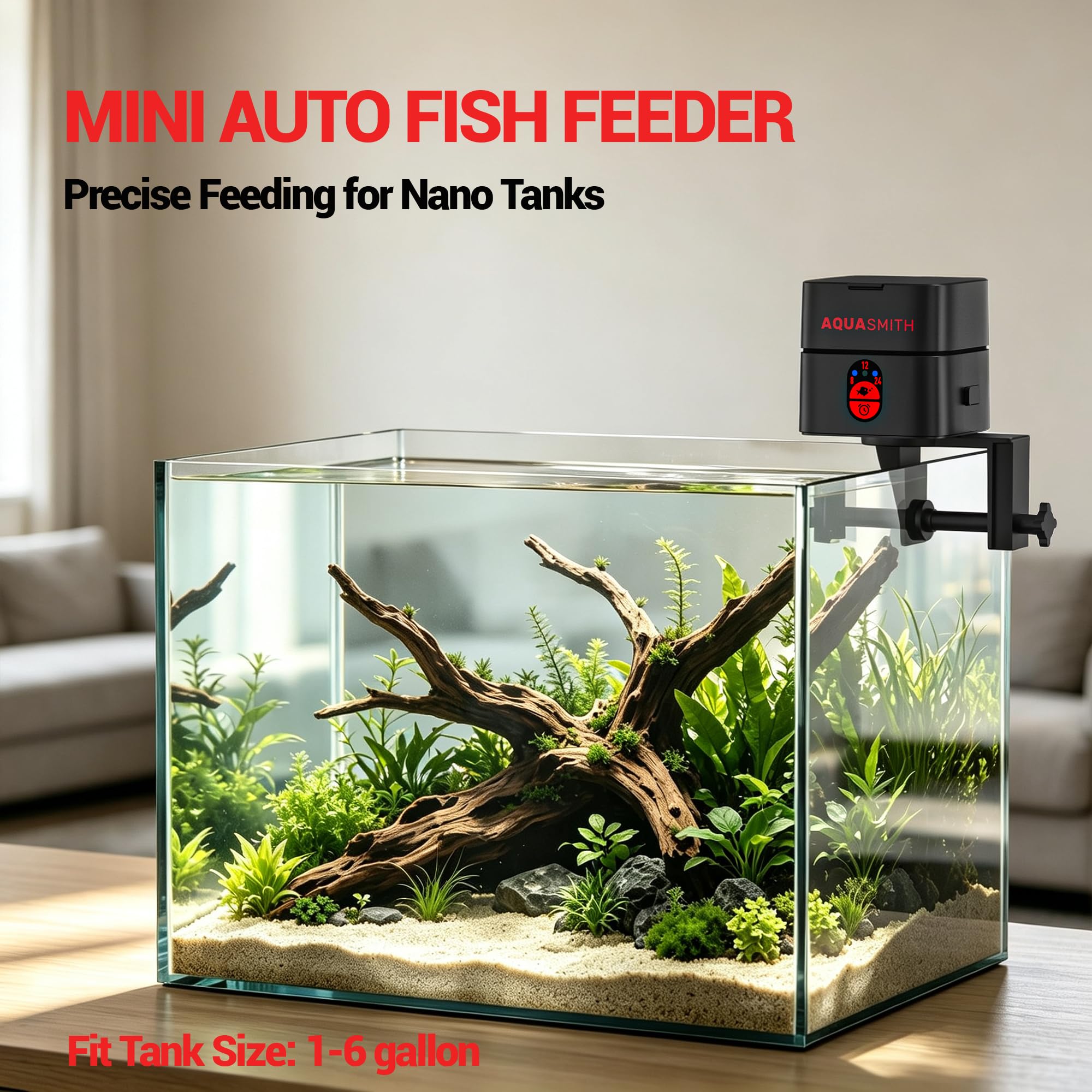 AQUASMITH Distributeur automatique de nourriture pour poissons avec minuterie pour une alimentation précise, capacité de 30 ml pour aquarium Betta de 1/2/5/10 gallons