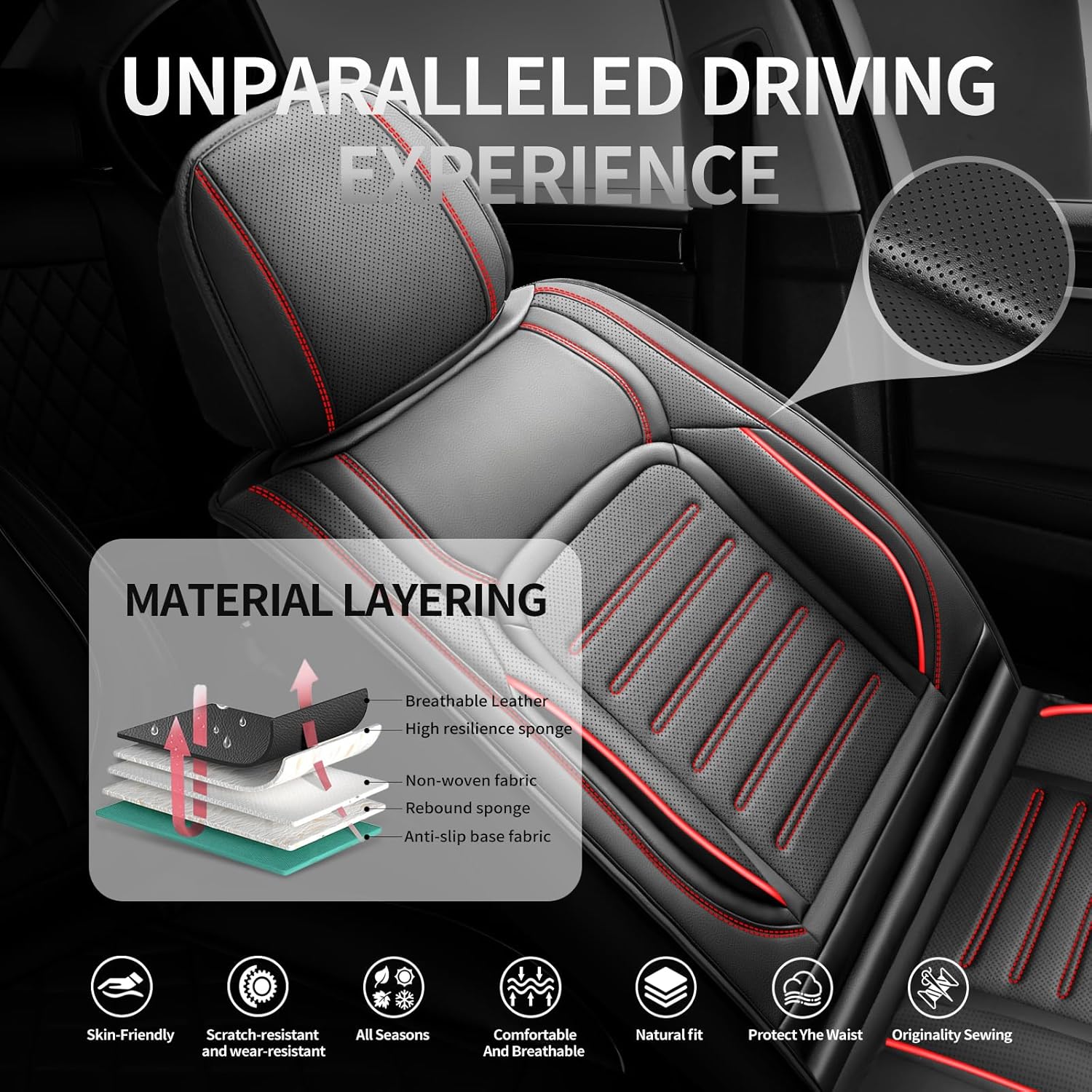 Fit Tucson Premium Leather Car Seat Covers Compatible with Hyundai Tucson 2010-2026, Breathable, Wear Resistant, Airbag Compatible, All-Weather & Full Coverage, 2 Front Seat Red Line Black