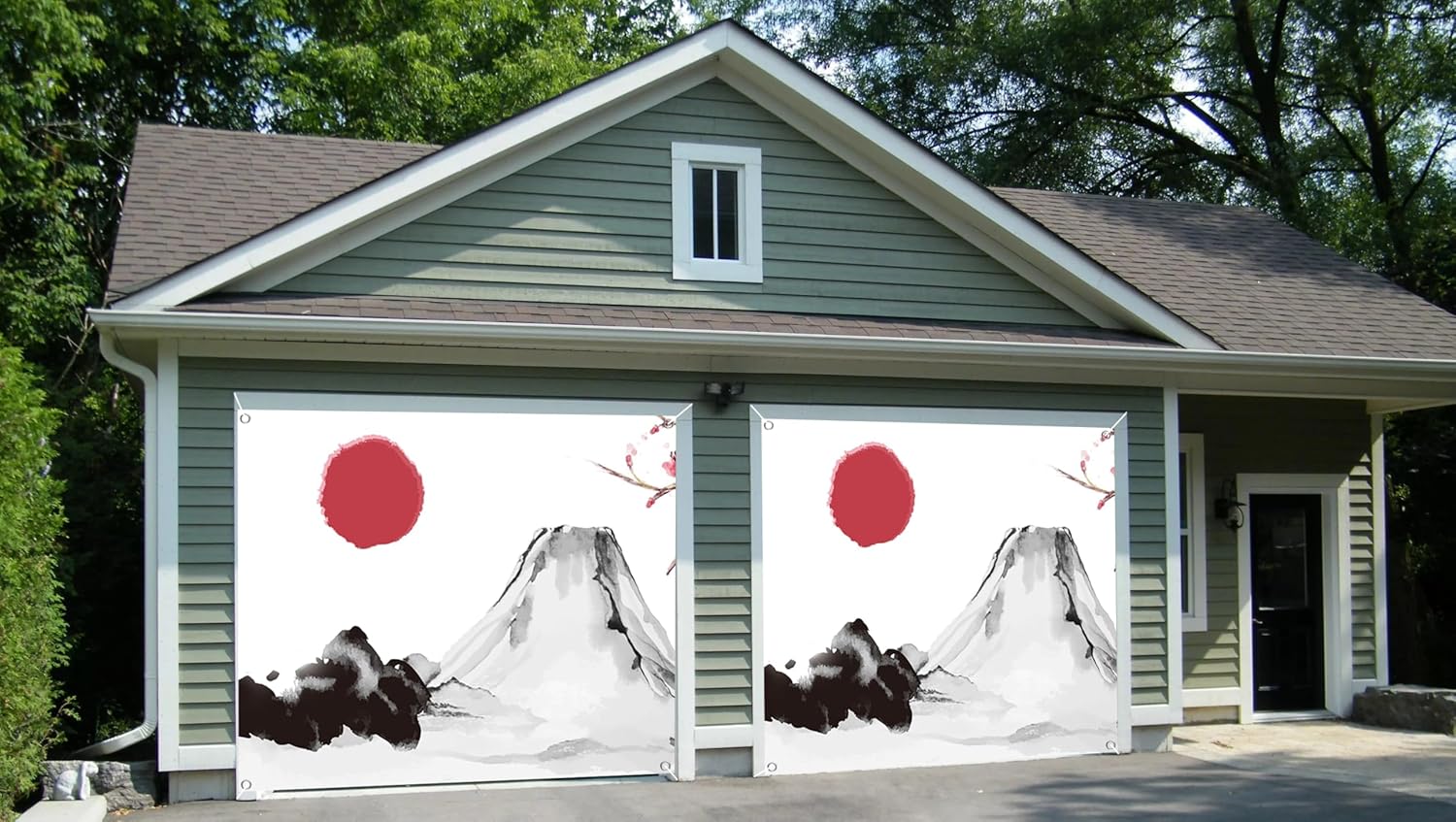 7x8ft Japanese Inspired Garage Door Decor Mount Fuji Cherry Blossom Branch Red Sun Ink Wash Painting Style Garage Door Cover for Asian Event Party Decoration Props