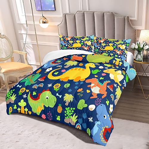 Miniatura 2 de Juego de edredón de dinosaurio Queen, juego de ropa de cama de dinosaurio Queen para habitación de niños y adolescentes, juego de edredón azul de