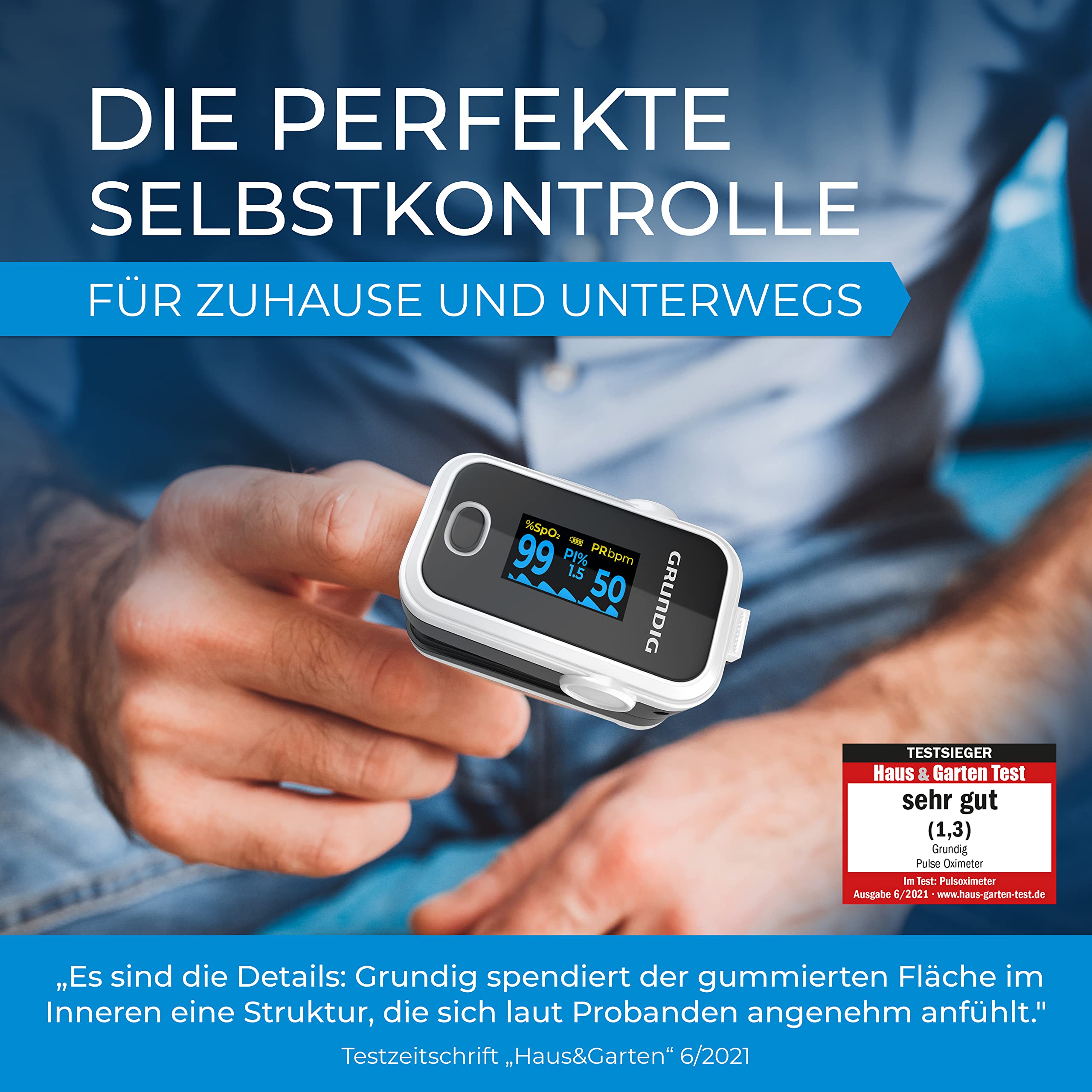 GRUNDIG Pulsoximeter Sauerstoffsättigung Oximeter TESTSIEGER - Hochpräzises Fingeroximeter Messgerät zur genauen Messung der Sauerstoff Sättigung im Blut - Finger Messgerät Pulsmesser (schwarz weiß)