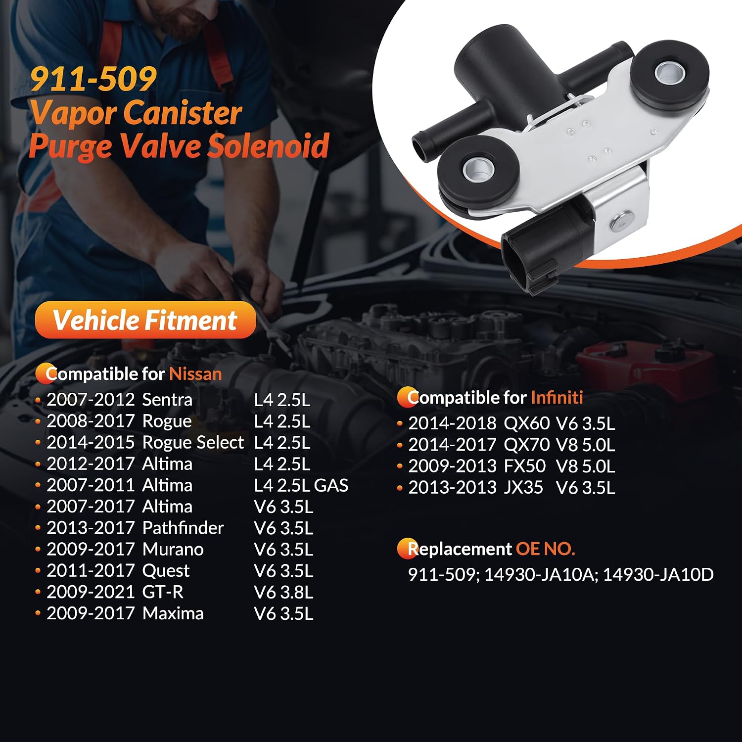Vapor Canister Purge Valve Solenoid EVAP Compatible for Nissan Sentra 2007-2012, Rogue 2008-2017, Altima, Pathfinder, Murano, GT-R, Maxima & Infiniti JX35, QX60, FX50, QX70 Replaces 911-509