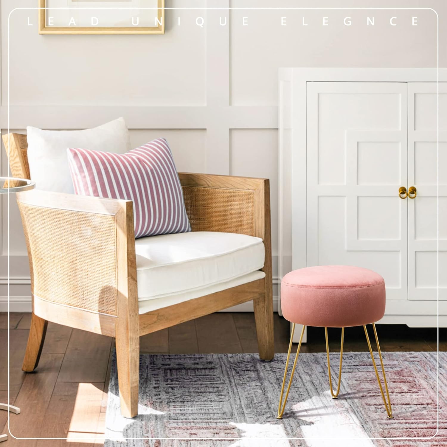 LUE BONA Vanity Stool, Pink Vanity Stools for Makeup Room, Round Ottoman Foot Stool, Velvet Footrest Vanity Chair for Bathroom Vanity, Bedroom, Living Room, Entryway, Offices - Image 7