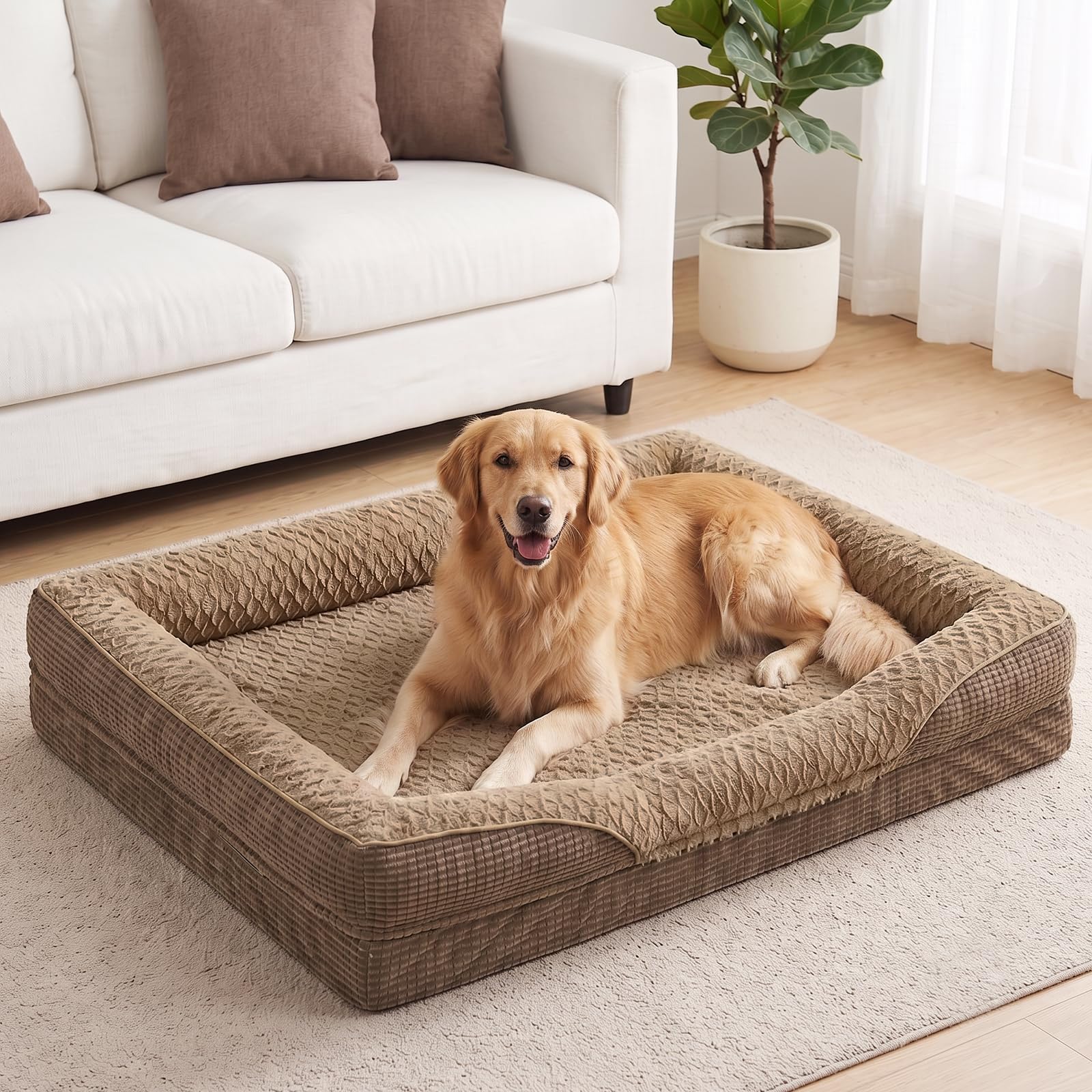 FURTIME Ortopedyczne legowisko dla dużych psów, kosz dla psa, Memory Foam XL, wyjmowane i zmywalne, antypoślizgowe, sofa dla psa z wysoką krawędzią, brązowe, 107 x 81 x 19 cm