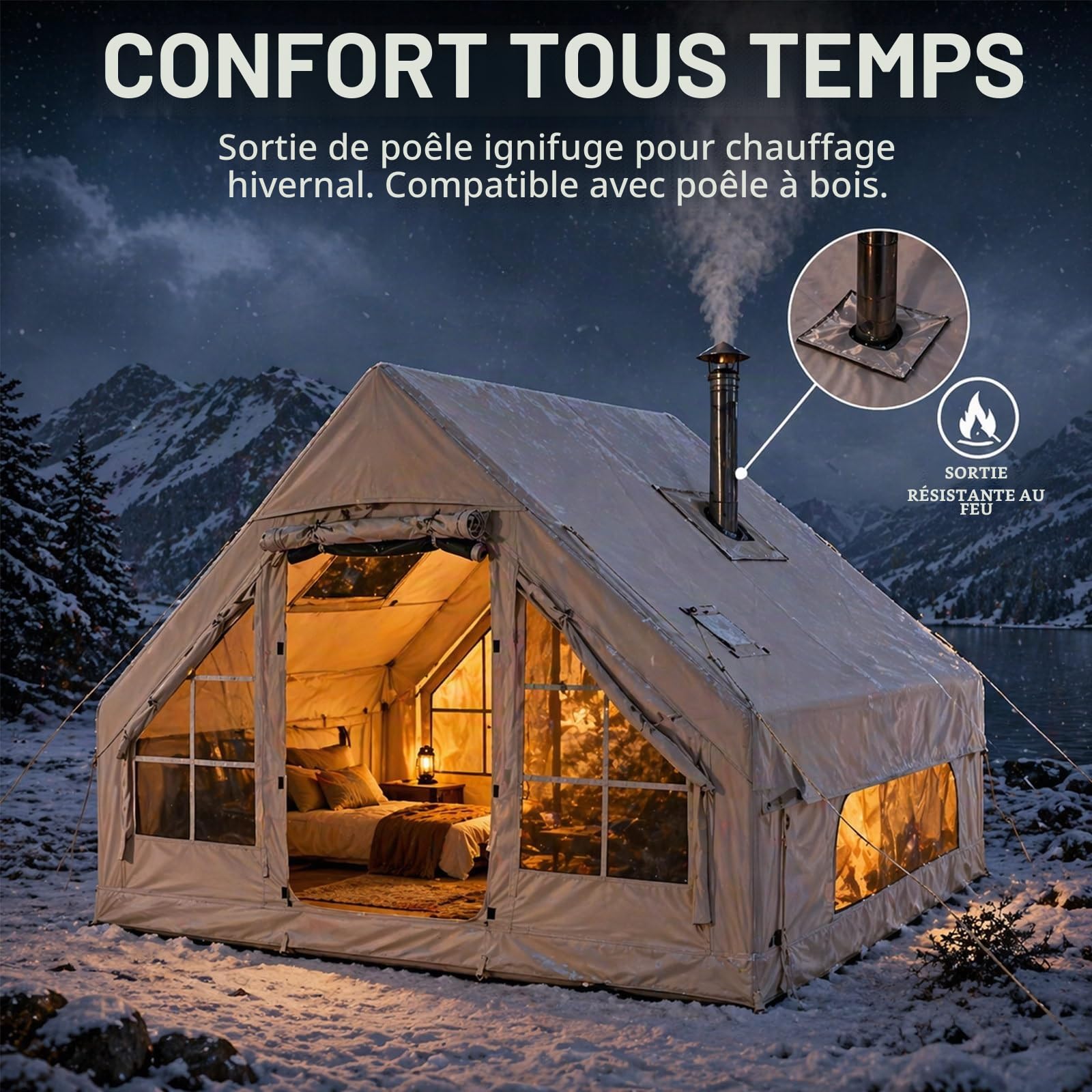 Tente Gonflable Camping 4-8 Personnes, Grande Tente Familiale avec Pompe Électrique, Tente Glamping 4 Saisons avec Jack de Poêle, Abri Extérieur Résistant à la Pluie