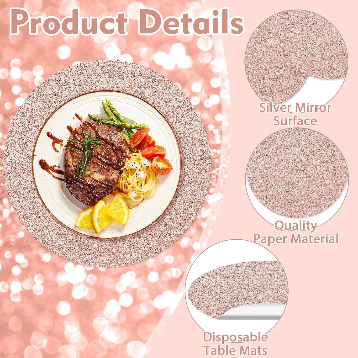 50PCS Rose Gold Paper Placemats Disposable 13.4 Inch Round Glitter Paper Place Mats Rose Golden Decorative Shiny Table Mats for Birthday Wedding Holiday Party Sparkle Table Decor