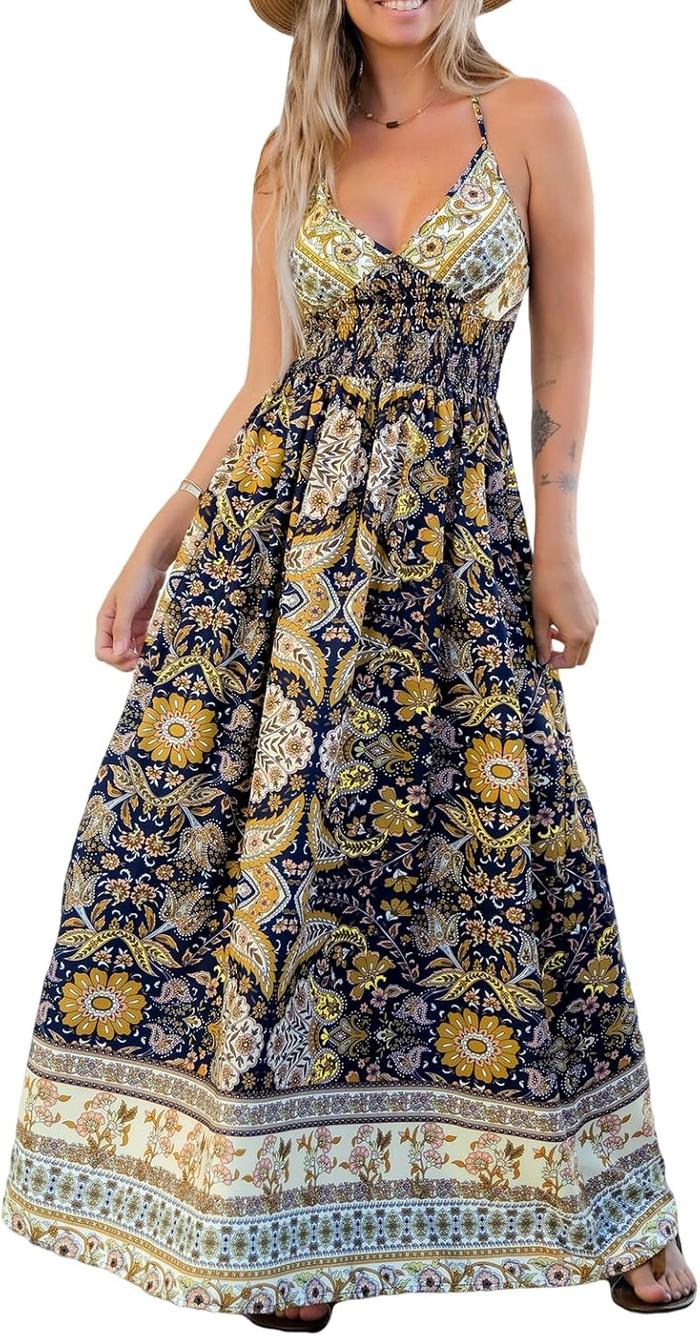 CUPSHE Womens Summer Maxi Dress 2026 Sleeveless Long Sundresses Spaghetti Strap Flowy Boho Beach Vacation Dress