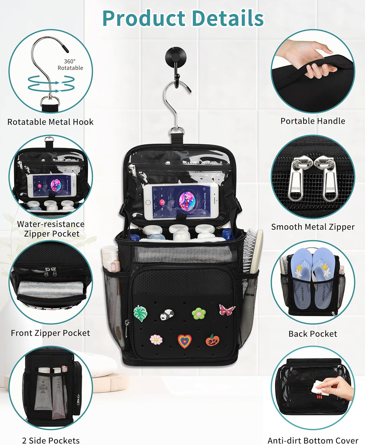 Shower Caddy Portable, Hanging Shower Caddy for College Dorm Room Essentials, Mesh Shower Bag with DIY Decoration Charms, Large Capacity Toiletry Bag for Gym, Swiming, Camping, Bathroom, Beach, Travel