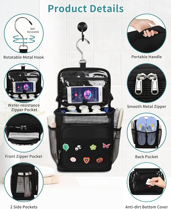 Shower Caddy Portable, Hanging Shower Caddy for College Dorm Room Essentials, Mesh Shower Bag with DIY Decoration Charms, Large Capacity Toiletry Bag for Gym, Swiming, Camping, Bathroom, Beach, Travel