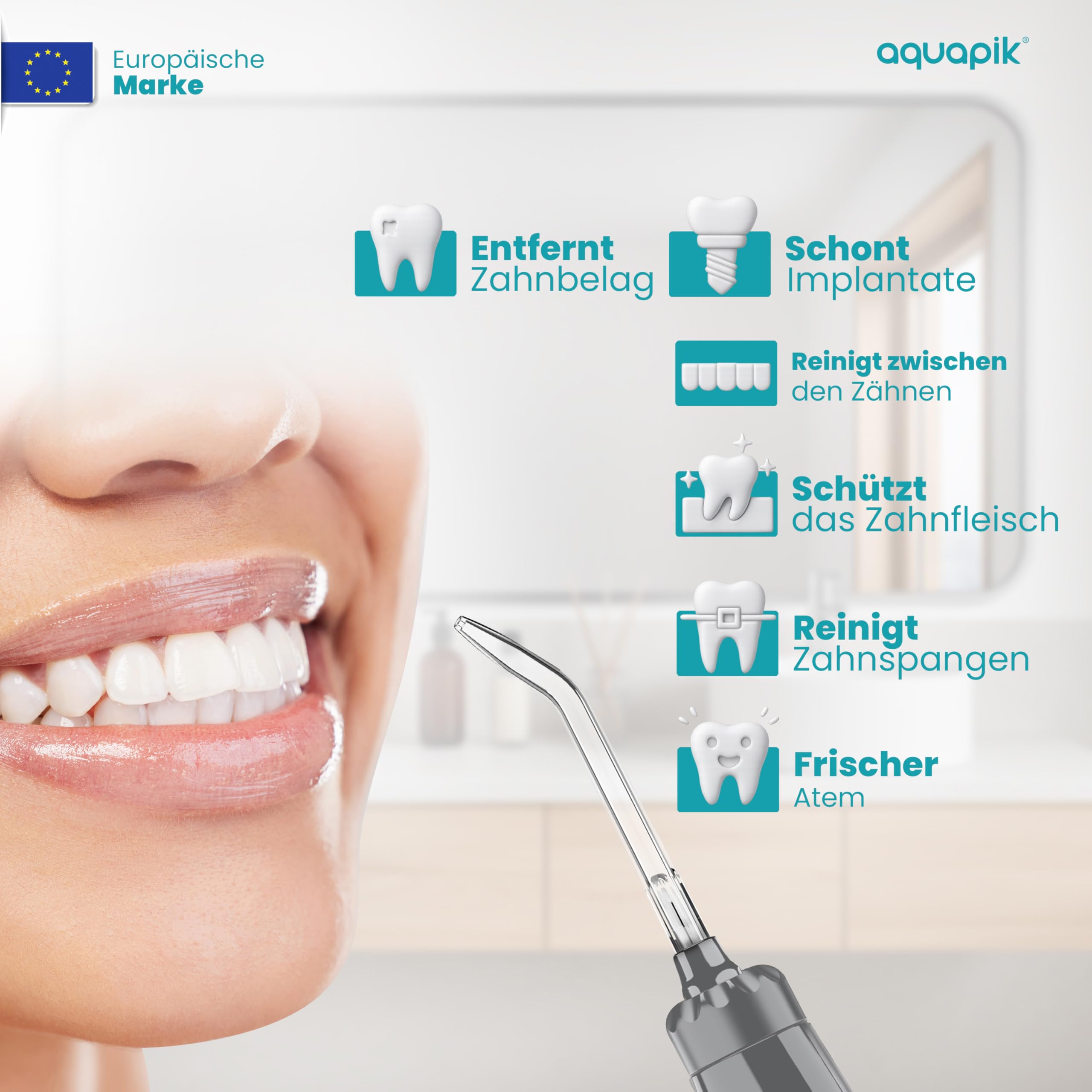 Aquapik® ADVANCED Munddusche | Ideal für Zahnspangen, Implantate und empfindliches Zahnfleisch | Aufhellungs-Kit entfernt Flecken | 10 Druckstufen | 10 Düsen | Von Zahnärzten empfohlen.