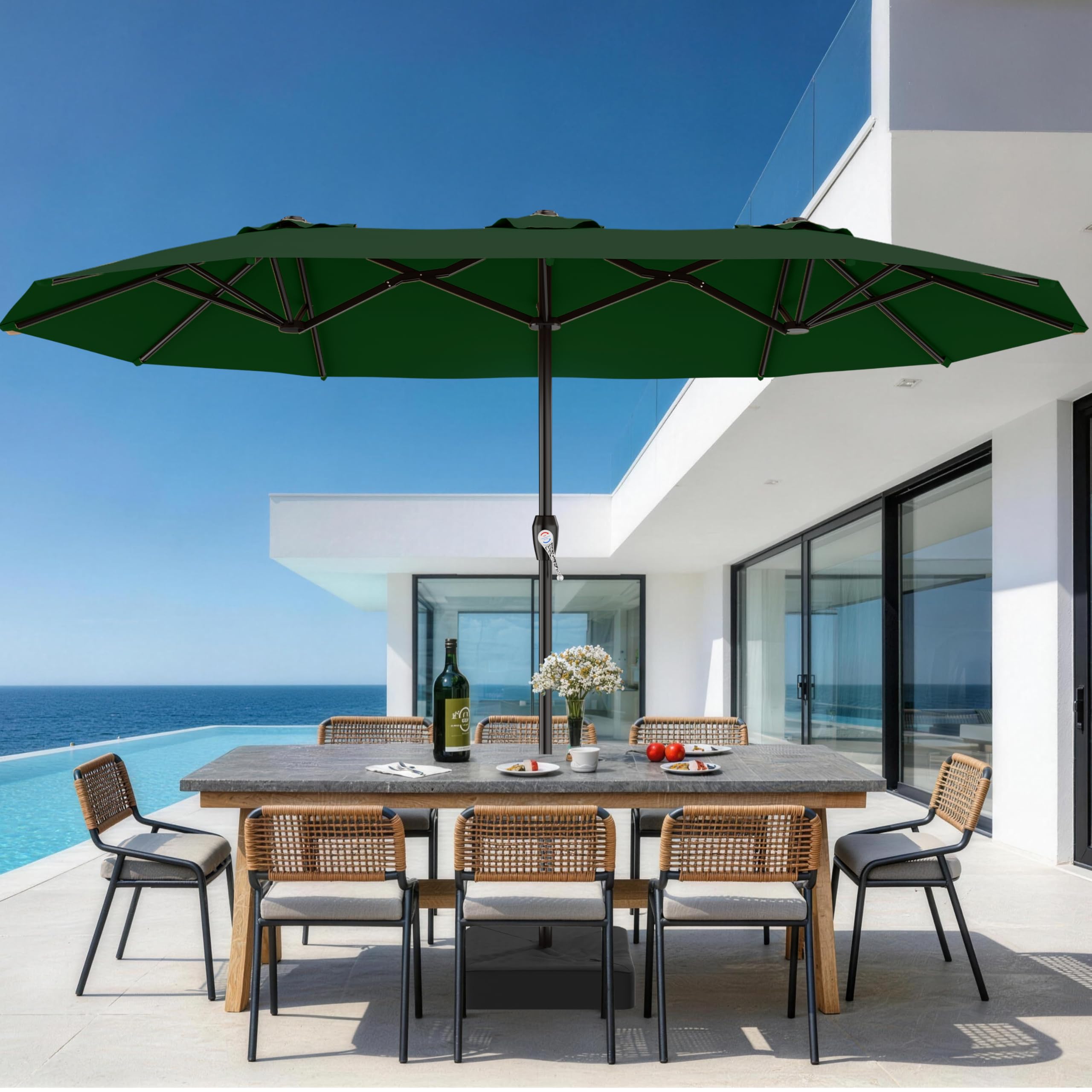 AreShark 15FT Outdoor Patio Umbrella with Crank, Large Rectangular Market Umbrella, Double-Sided Outdoor Umbrellas with Cross Base & Sandbag for Porch, Lawn, Pool, Backyard, Dark Green : Patio, Lawn &