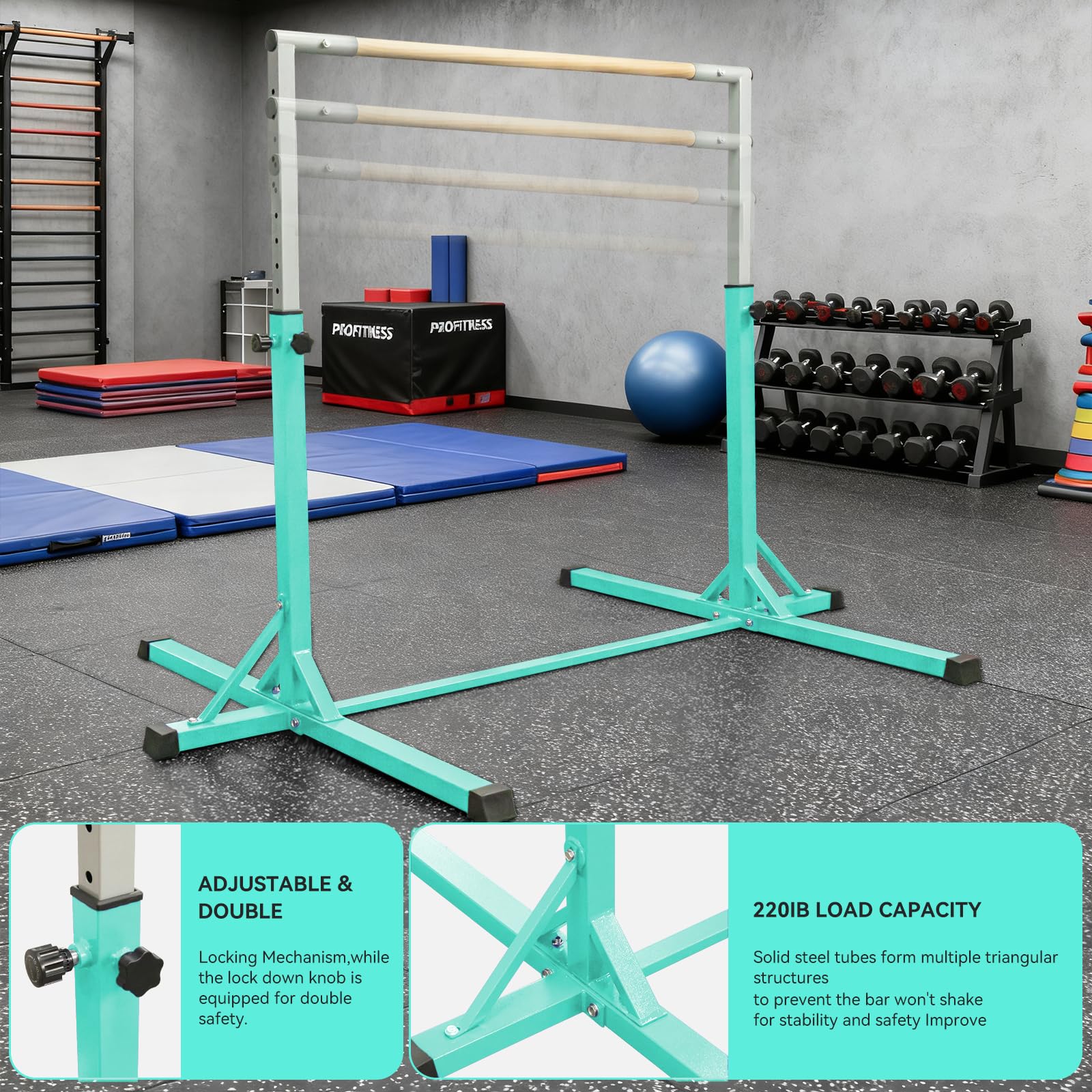 FBSPORT Barra de Gimnasia para Niños Altura Ajustable 13 Niveles con Anillos Expandible Verde