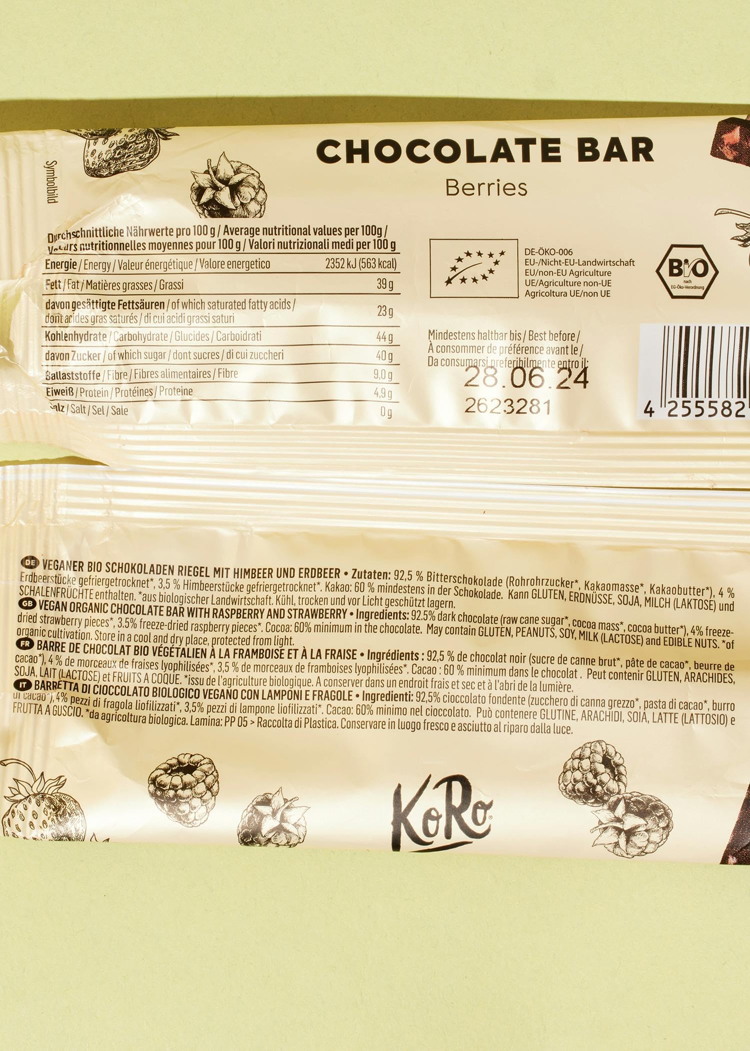 KoRo - Barretta al cioccolato e frutti di bosco vegan bio 12 x 50 g - Con fragole e lamponi liofilizzati - fonte di fibre - Vegan