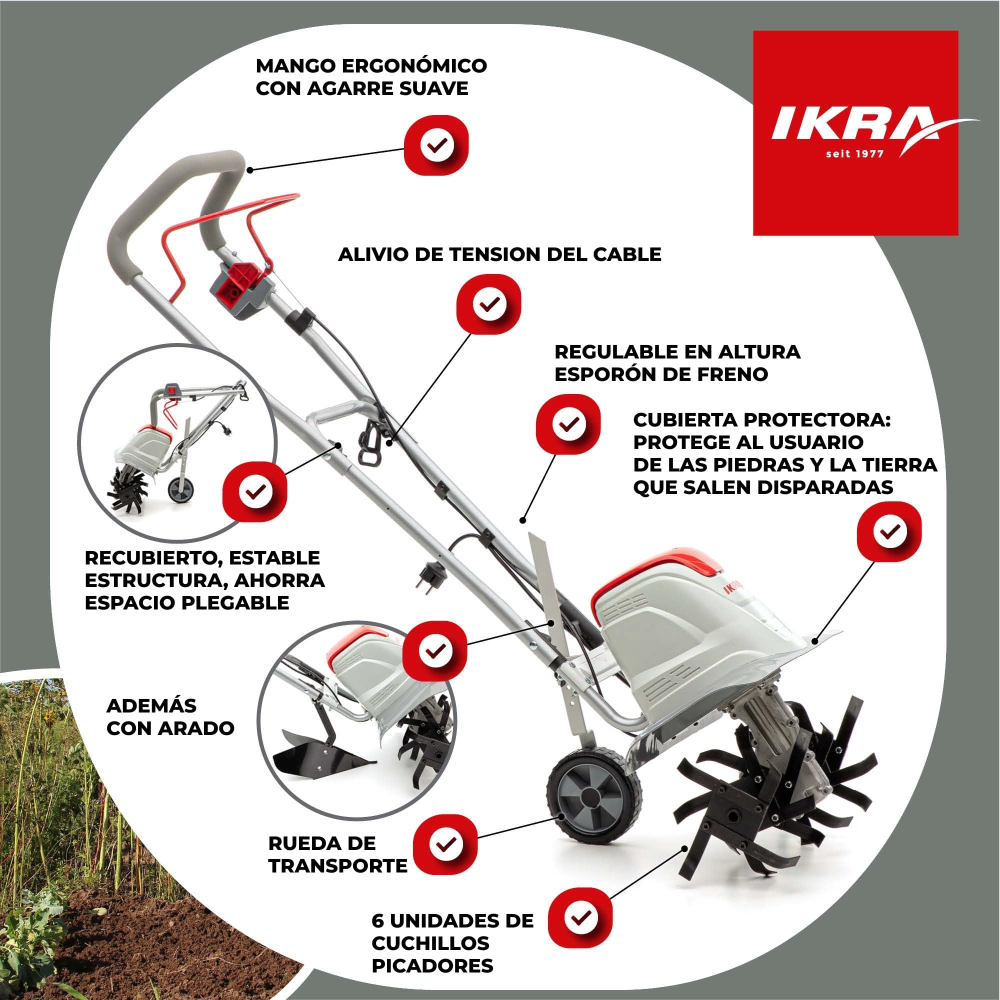 IKRA motoazada eléctrica motocultor cultivador Fem 1500, Ancho útil 17-45cm, 1500W, Incl. arado aporcador