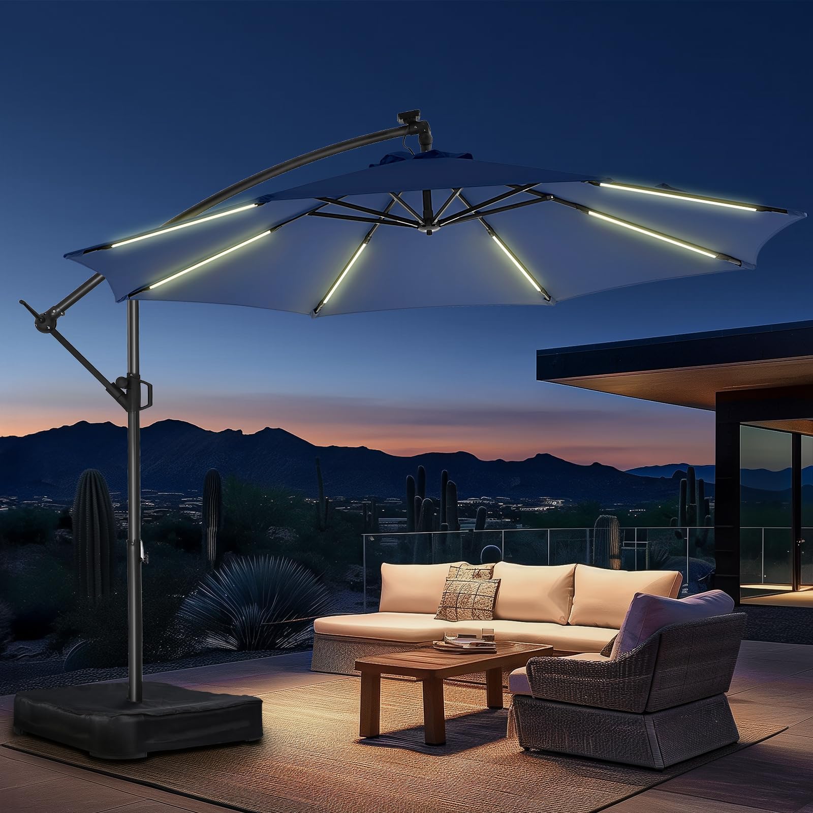 10ft Solar Lights Offset Cantilever Patio Umbrella - with Light and Base, LED Lighted Offset Hanging Patio Outdoor Market Umbrella UPF50+ UV Protection with Easy Tilt and Crank (Navy Blue)