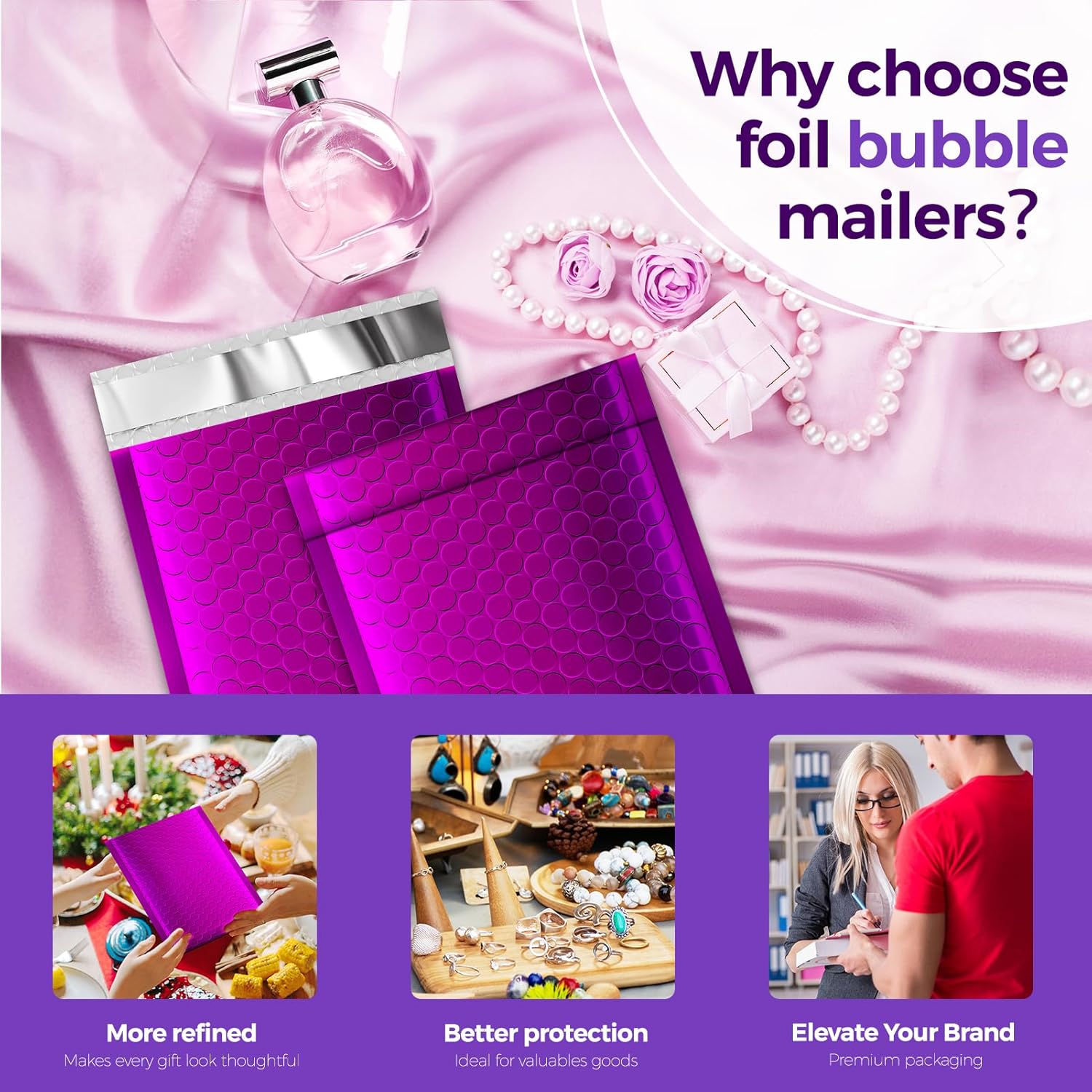 Fuxury Foil Bubble Mailers 6x10" 50 Pack,Sturdy Padded Envelopes Usable Size 6x9",Strong Adhesion Bubble Shipping Envelopes,Thick Opaque Shipping Bags for Mailing Jewelry Makeup Gift Small Item Purple - Image 8