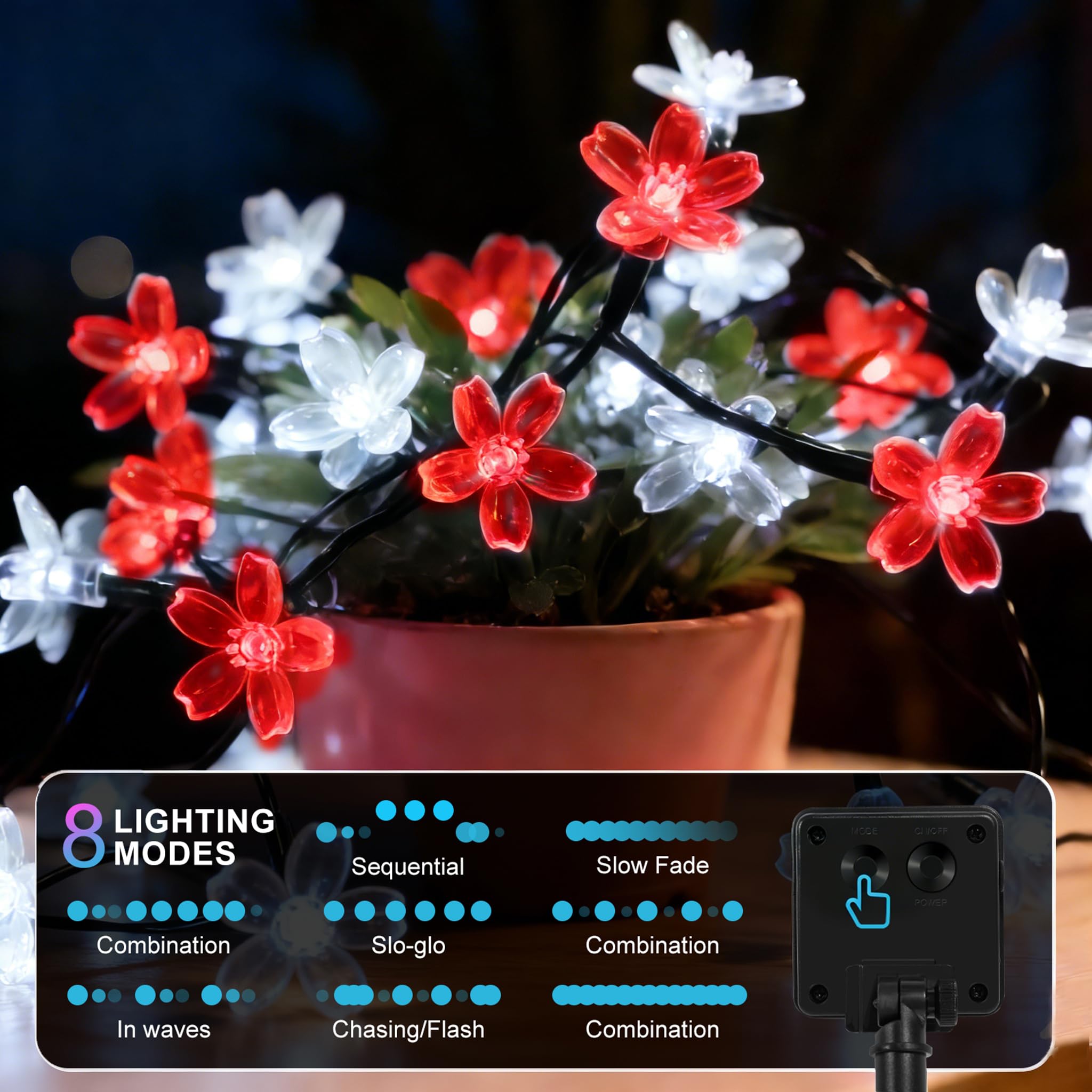 2 Stück insgesamt 120 LED Solar-Lichterkette für den Außenbereich, wasserdicht, Blumen-Lichterkette für Garten, Zaun, Terrasse, Hof, Weihnachtsbaum, Rasen, Hochzeit, Party, Dekoration, Rot und