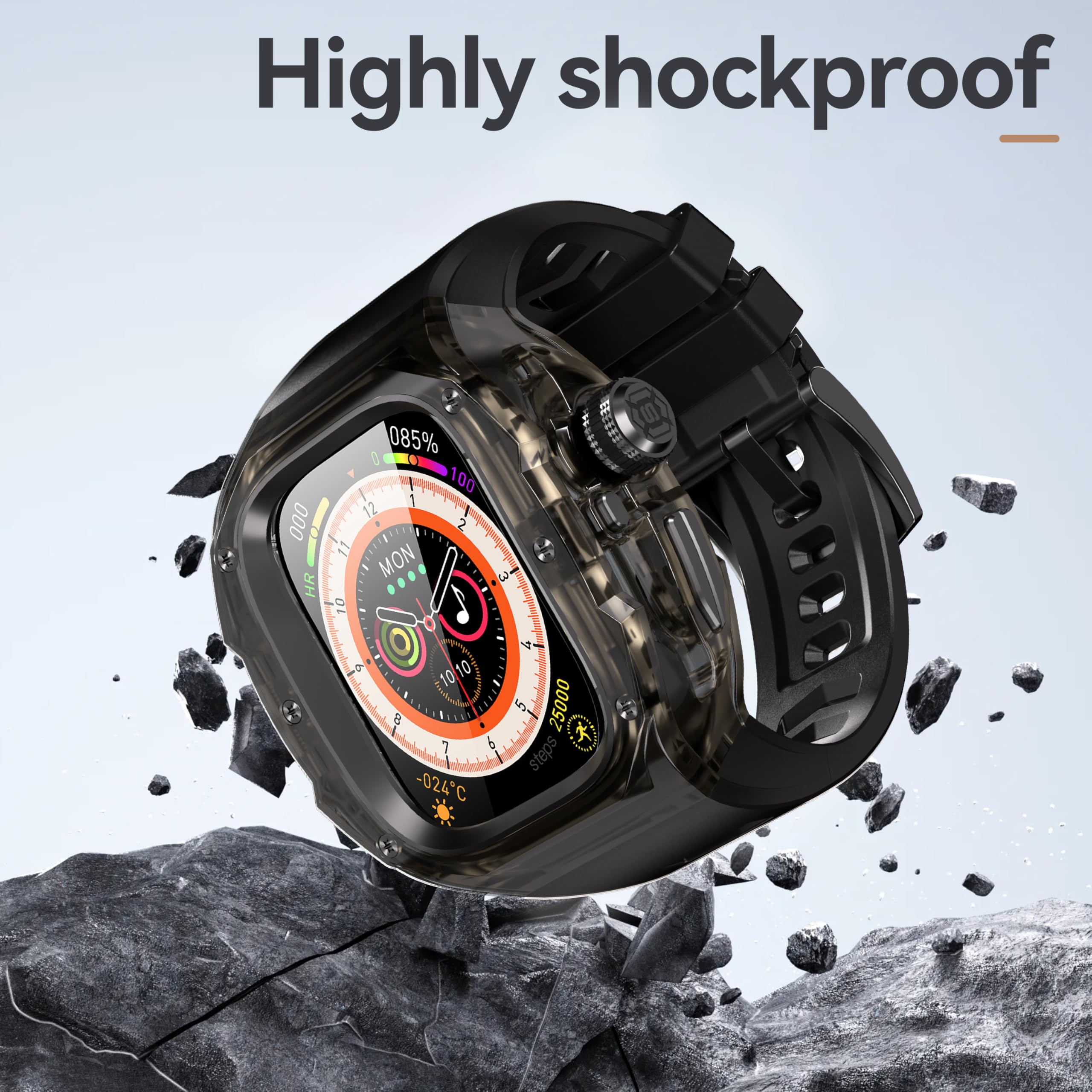 Przezroczyste, designerskie wytrzymałe etui z paskiem kompatybilne z Apple Watch Ultra 3/Ultra2 49 mm, krystalicznie czysta wojskowa osłona ochronna, zderzak taktyczny pasek iWatch Ultra