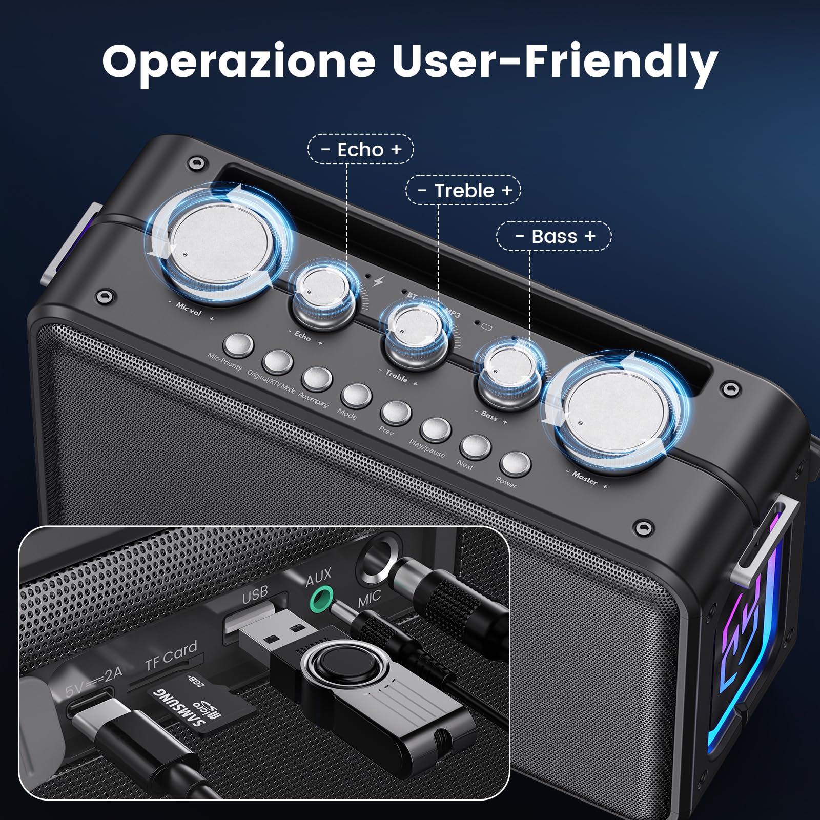 HWWR Macchina per Karaoke con 2 Microfoni, 60W Portatile Bluetooth 5.3 per Adulti, Supporta Ingresso Scheda TF/USB/AUX, Funzione di Registrazione, Ideale per Riunioni di Famiglia