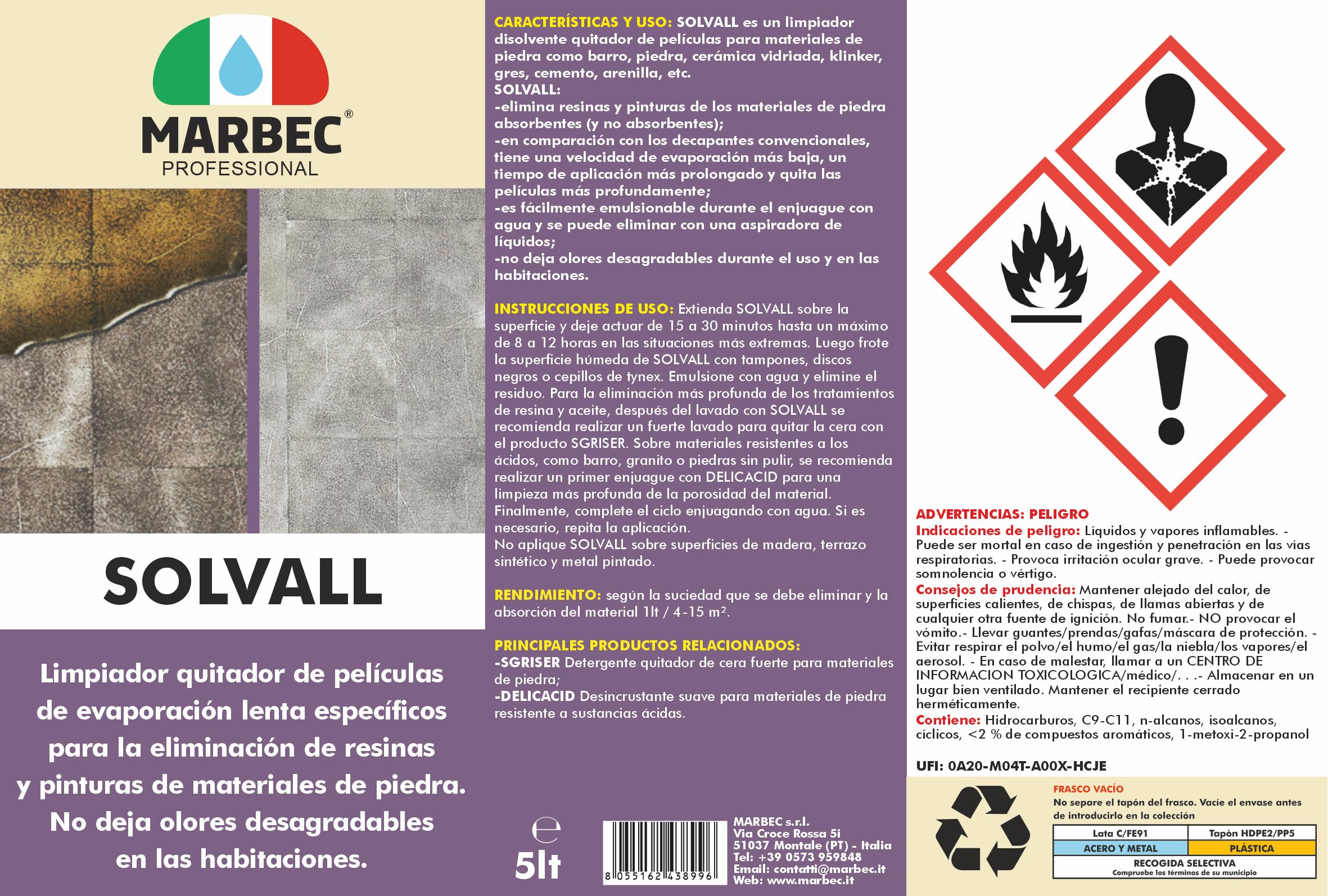 MARBEC SOLVALL 5LT Limpiador decapante de pintura para remover películas para materiales de piedra