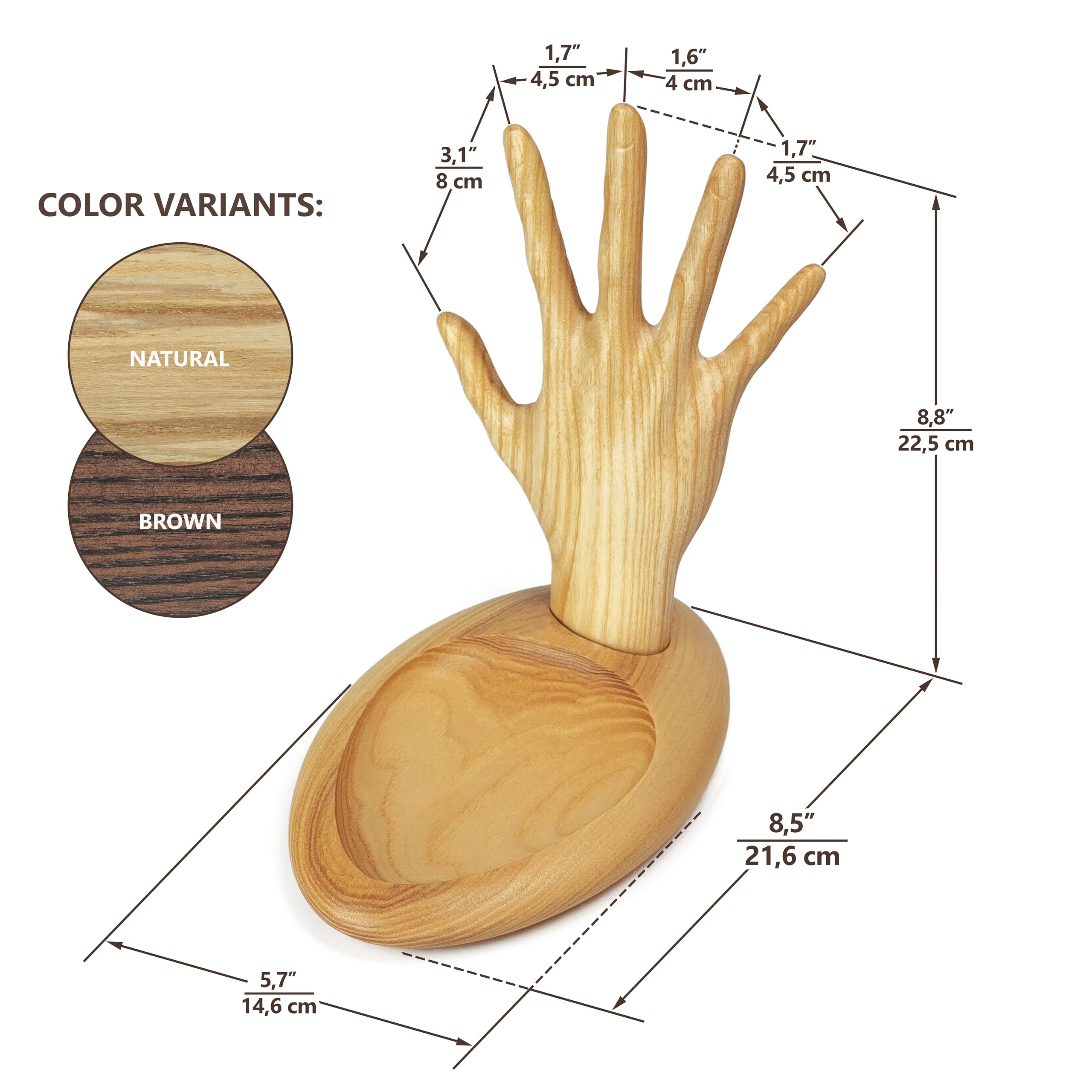 Wood Wedge Earring Holder Organizer, Jewelry Organizer with Hand-Shaped Stand for rings, watches, necklace, clearance items, Gift Wife Anniversary Birthday Graduation, 8,5''x8,8'' (Natural)