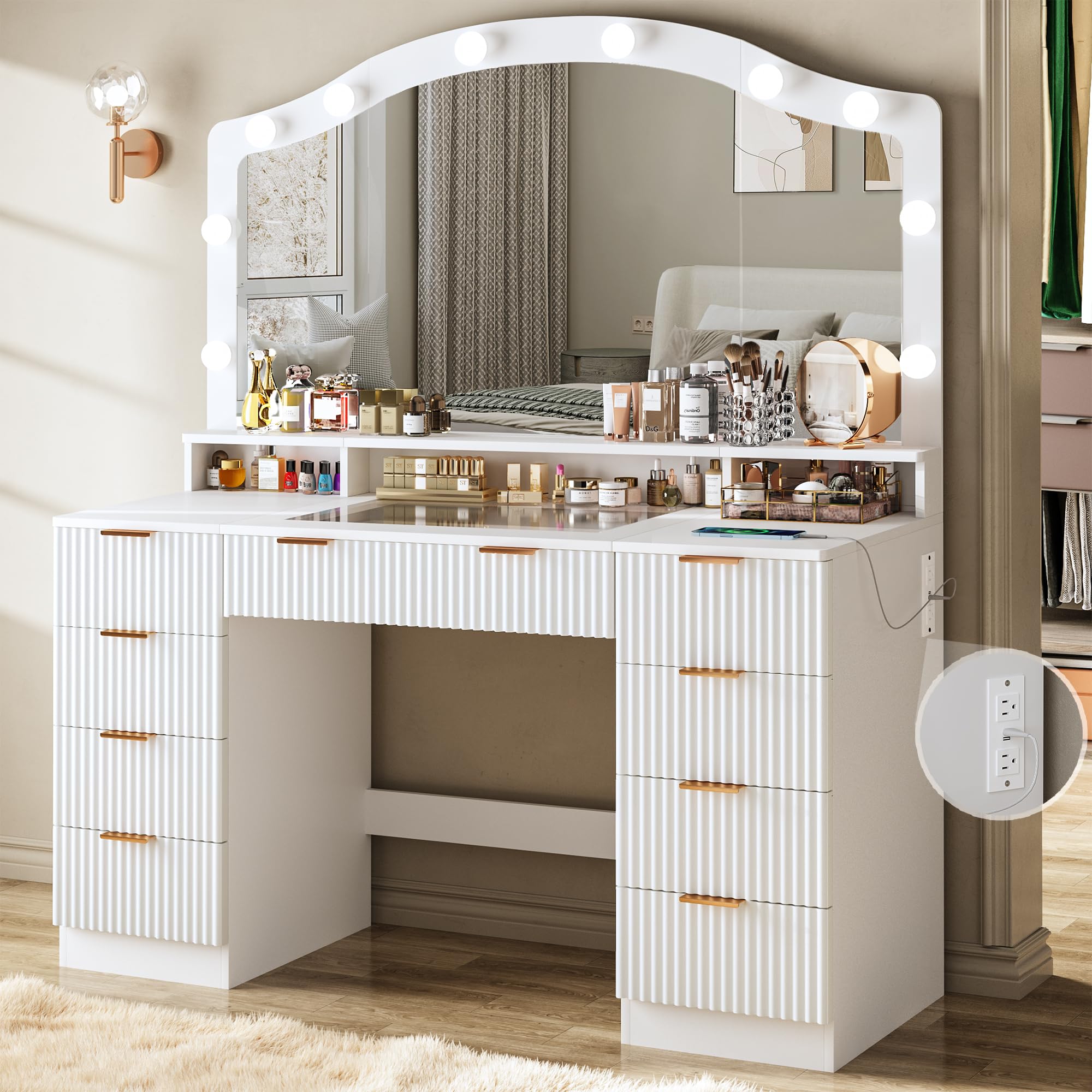 HUAHUU 46" Fluted Vanity Desk with Large Mirror and Lights, Makeup Vanity Desk with Glass Top & Power Outlet, 9 Drawers, 3 Colors Lighting Adjustable Brightness, for Bedroom, White