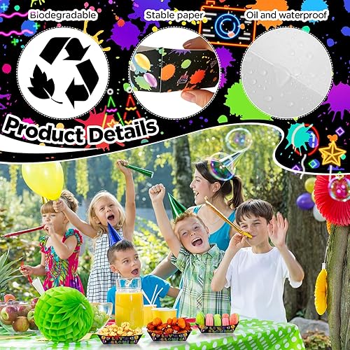 Miniatura 5 de 100 unidades de suministros de fiesta de neón de 2 libras, bandejas de papel desechables para servir nachos para perros calientes, barcos de neón