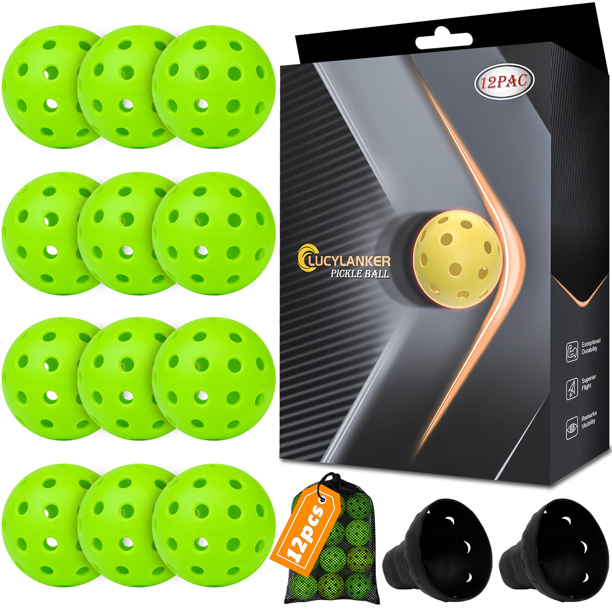 LUCYLANKER Outdoor Pickleball Balls, 40 Holes Pickle Balls with Mesh Bag & 2 Ball Retrievers, USAPA High Bounce & Durable Pickleball for All Style Pickleball Paddle & Court (Green, 12 Pack)