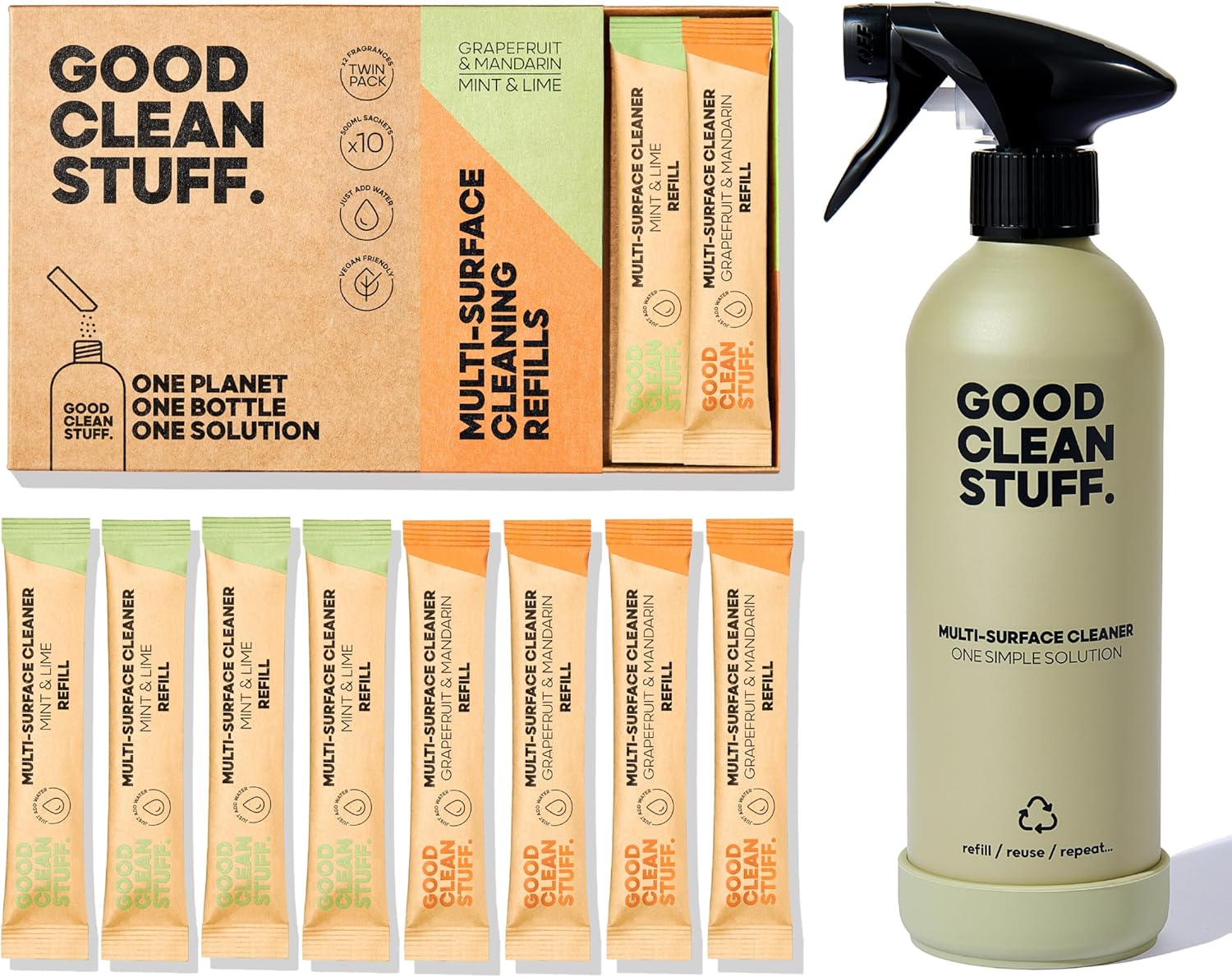 Good Clean Stuff Eco Multi‑Surface Cleaner Kit – Refillable Aluminium Bottle + 10 Plastic‑Free Refill Sachets – Kitchen, Bathroom, Glass & Chrome Cleaner – Home Cleaning Spray Kit