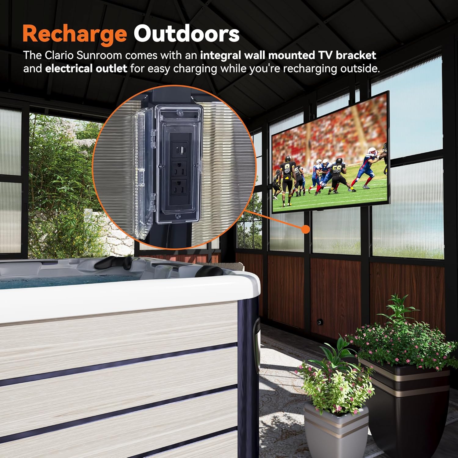 Modern Shade Clario Solarium 12'x20' Sunroom Hardtop Gazebo with TV Mount & Sliding Doors, Galvanized Steel Roof Screen House, Ventilation Design & Wood Grain Finish, All-Weather Aluminum Sun Room