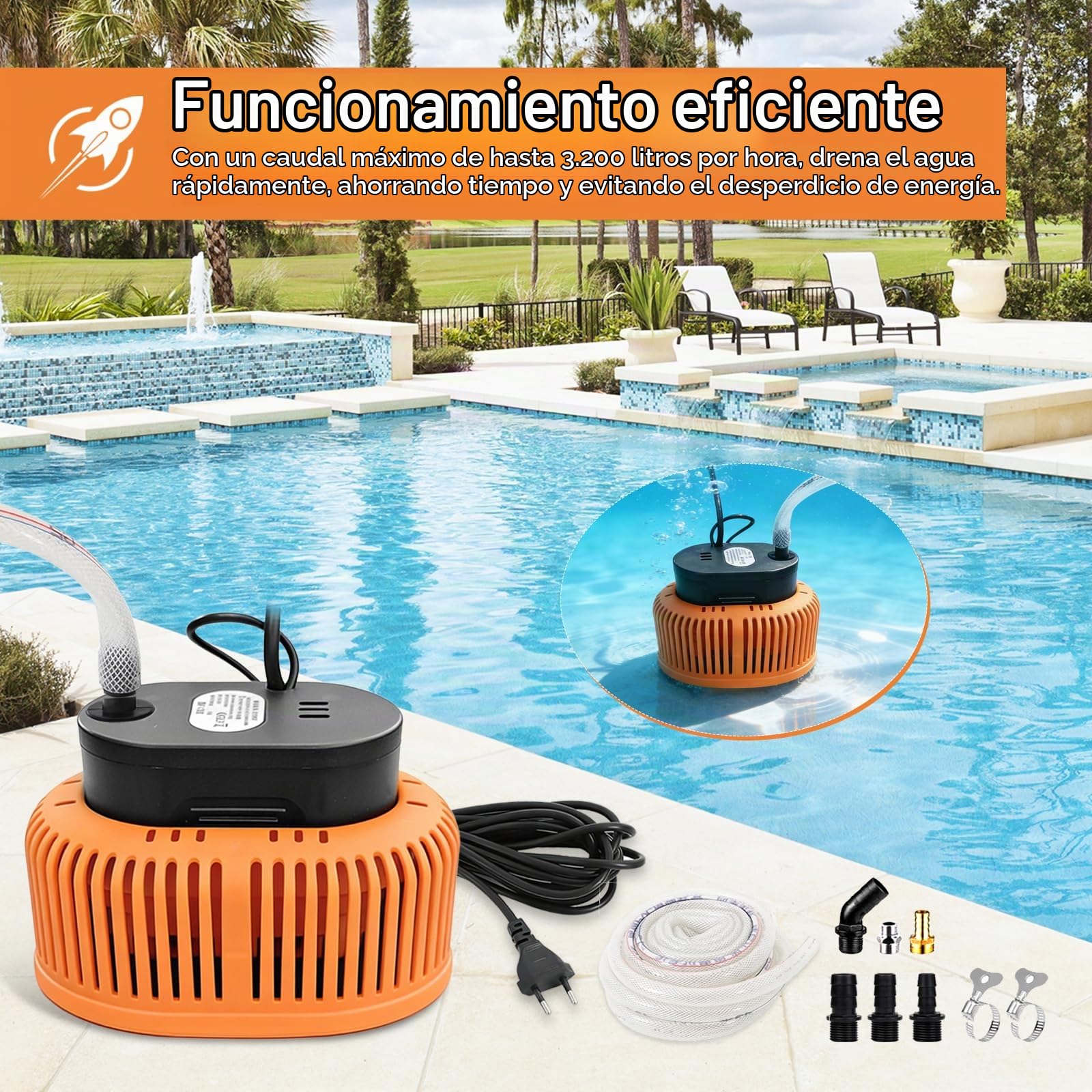 Bomba de Agua Sumergible 75W, Bomba de Cubierta de Piscina 3200L/H Altura Máxima de Elevación 3,2 m con Cable de 7,2 m, 6 Adaptadores Diferentes Manguera de 5 m para Estanques