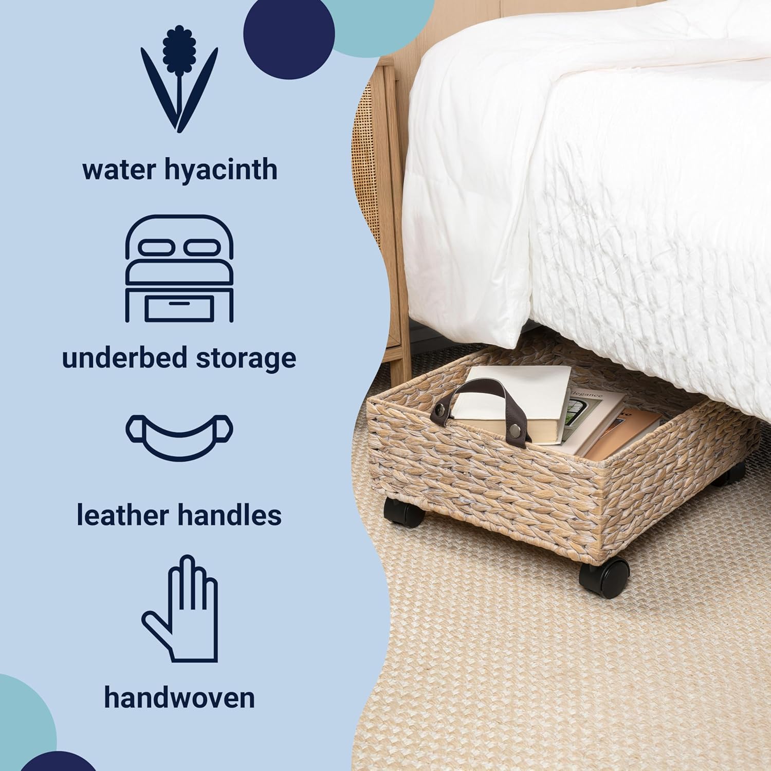 Eyely KSB2014C Keira 18.11" Classic Farmhouse Handwoven Hyacinth Rectangular Underbed Storage Bin with Wheels and Handles, White Wash