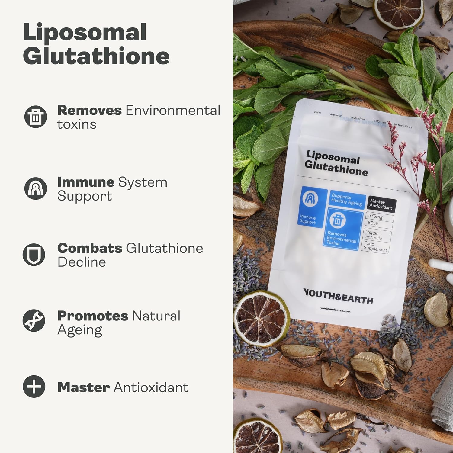 Youth & Earth Liposomal Glutathione Supplement - L Glutathione Capsules for Detox & Immune Support 375mg - 60 Capsules