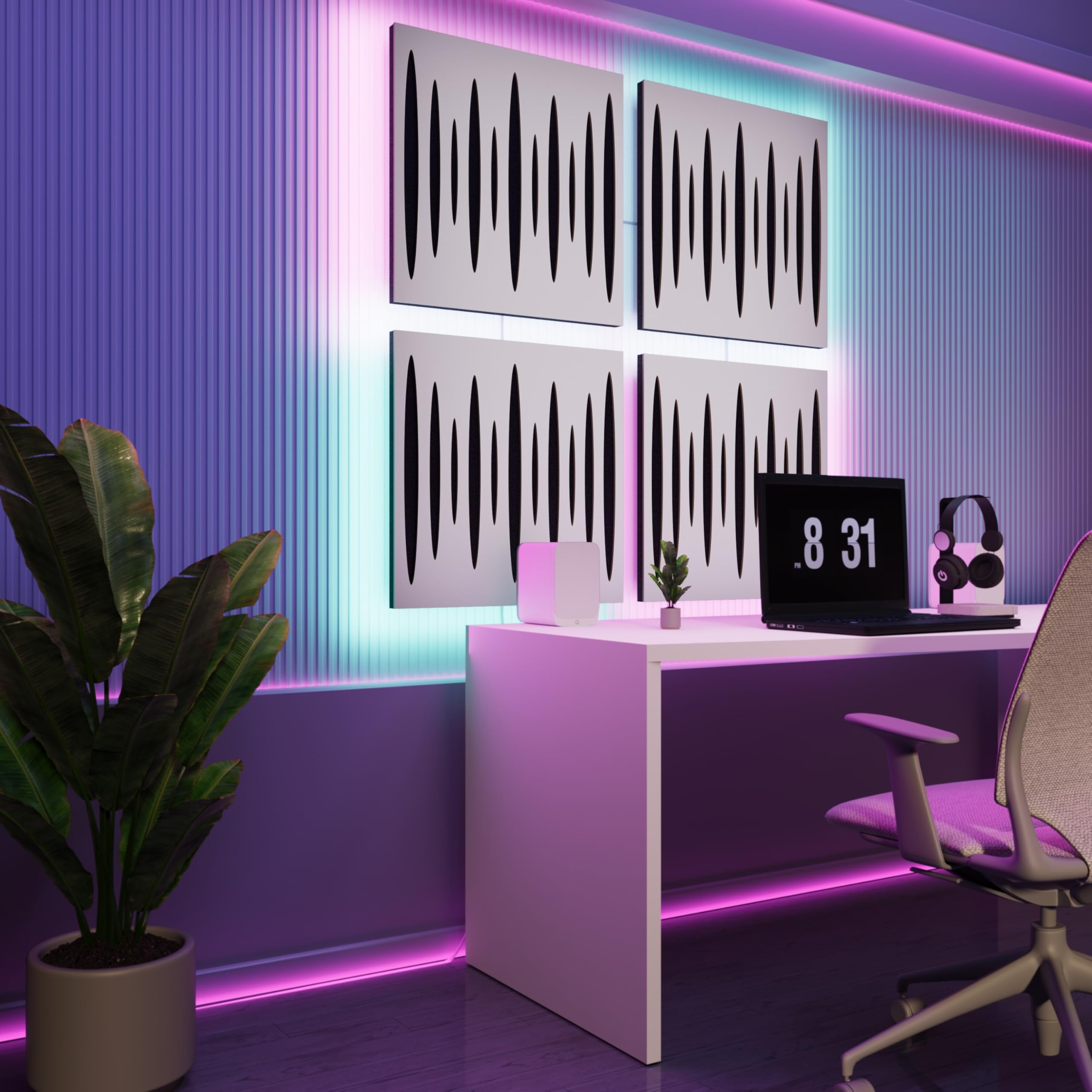 Panele akustyczne LED ze światłem RGB | Kontrola echa i pochłaniania dźwięku | Elegancka obróbka akustyczna z podświetleniem otoczenia | [4x PULSAR - Oddzielne - SQUARE | Biały]