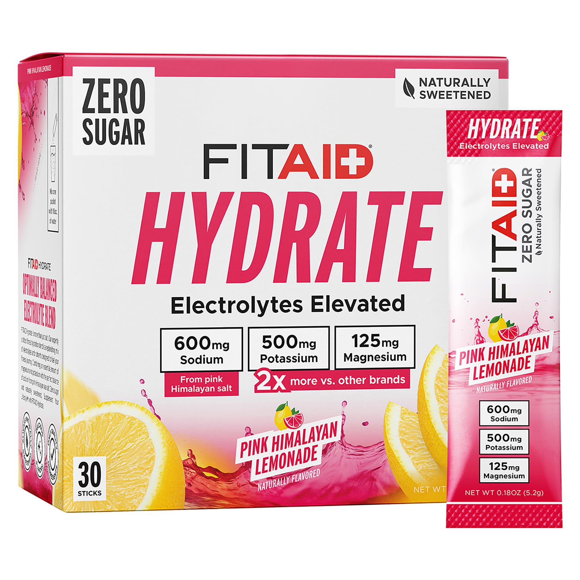 FITAID HYDRATE Electrolyte Sticks Pink Lemonade Zero Sugar Hydration Sachets - Electrolytes Powder with 600mg Sodium, 500mg Potassium, 125mg Magnesium, Stevia for Sport, Everyday & Travel