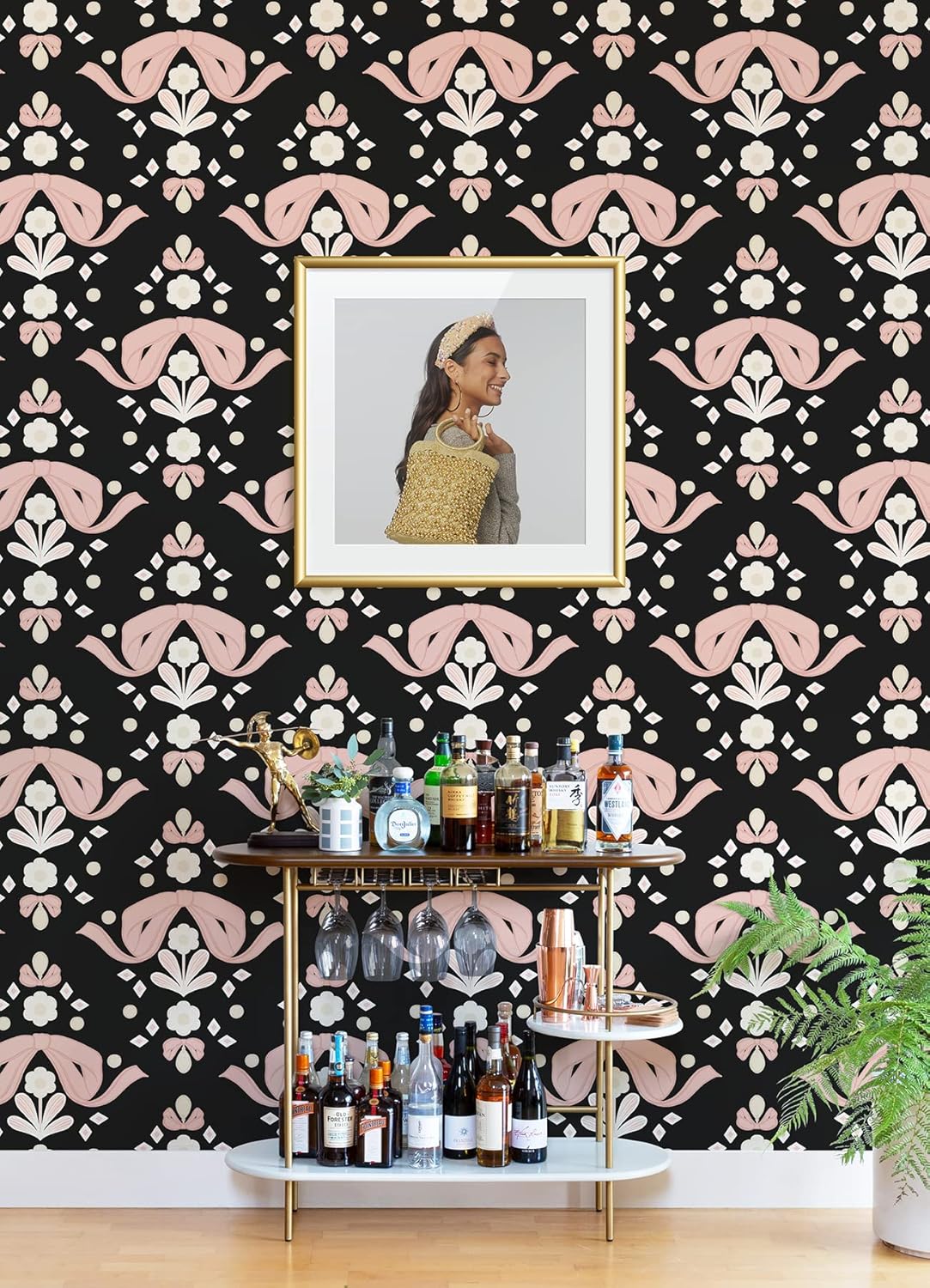 LeLe Sadoughi Bow Damask Peel & Stick Wallpaper, Black