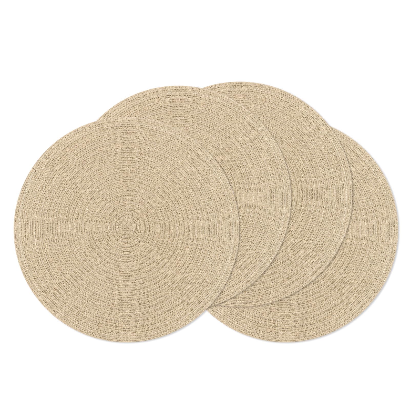 SHACOS 15 inch Round Braided Placemats Set of 4 Cotton Polyester Place Mats Washable Kitchen Dining Table Mats for Dinner Party Table Decor (Light Beige, 4)