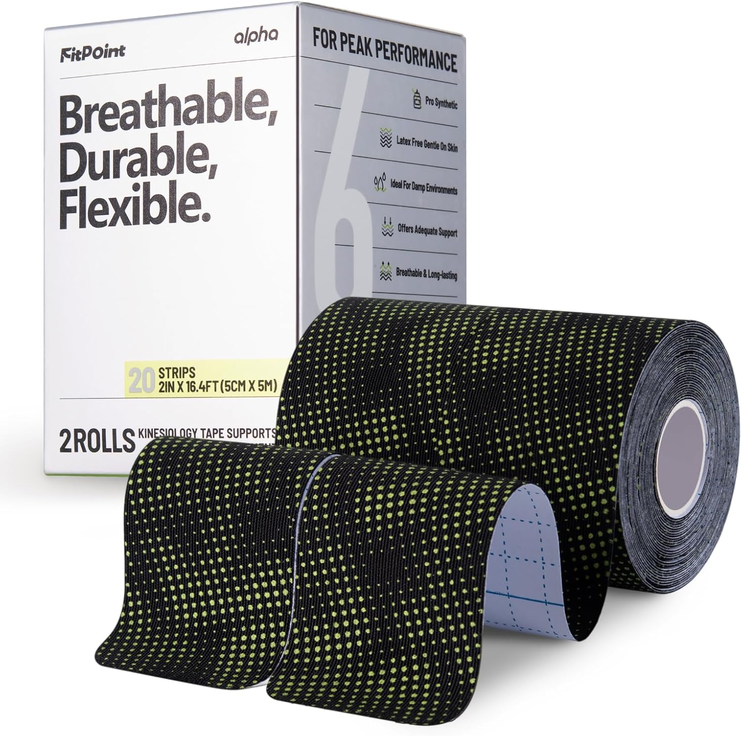 Product image of Alpha Synthetic Kinesiology Tape, Ultra-Sticky Adhesive Athletic Tape, 40 Count Precut Strips 2 Rolls, Pain Relief & Joint Support, Elastic Kinesio Tape for Knee, Wrist, Ankle, Jet Black