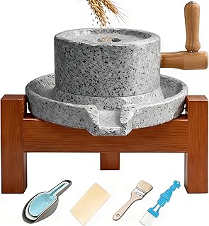 Handmade Stone Grain Mill - Manual Flour Mill & Grinder with Red Oak Frame for Home, Grinds Wheat, Nuts, Spices (Complete Kit)
